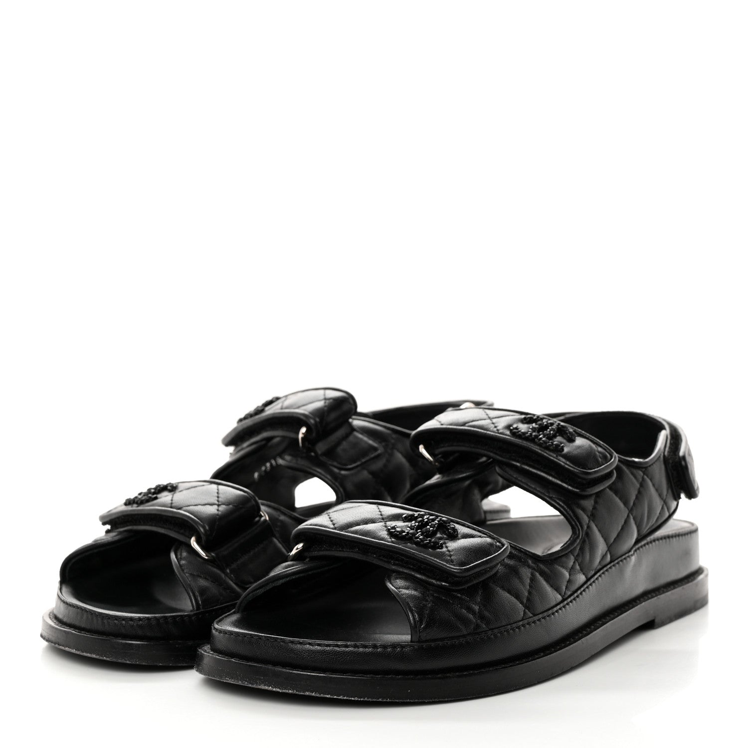 Chanel Lambskin Quilted Velcro Dad Sandals 37 So Black 3 of 9