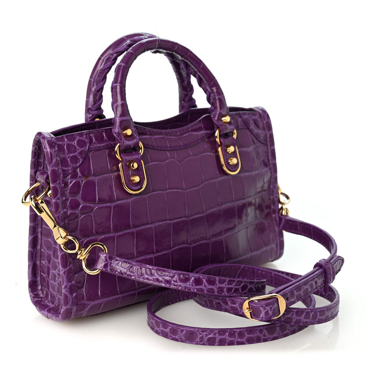 Balenciaga Calfskin Crocodile Embossed Gold Metallic Edge Hardware Nano City Purple 4 of 11