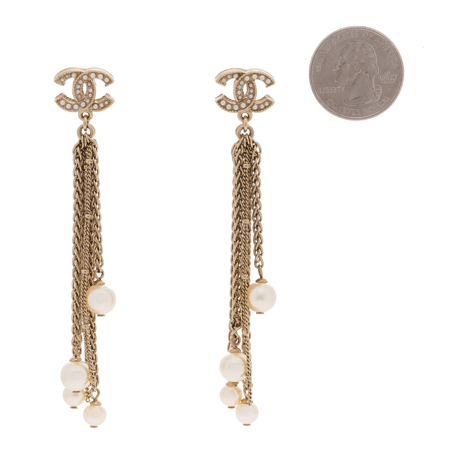 Chanel Pearl CC Multi Chain Drop Earrings Gold 2 of 4