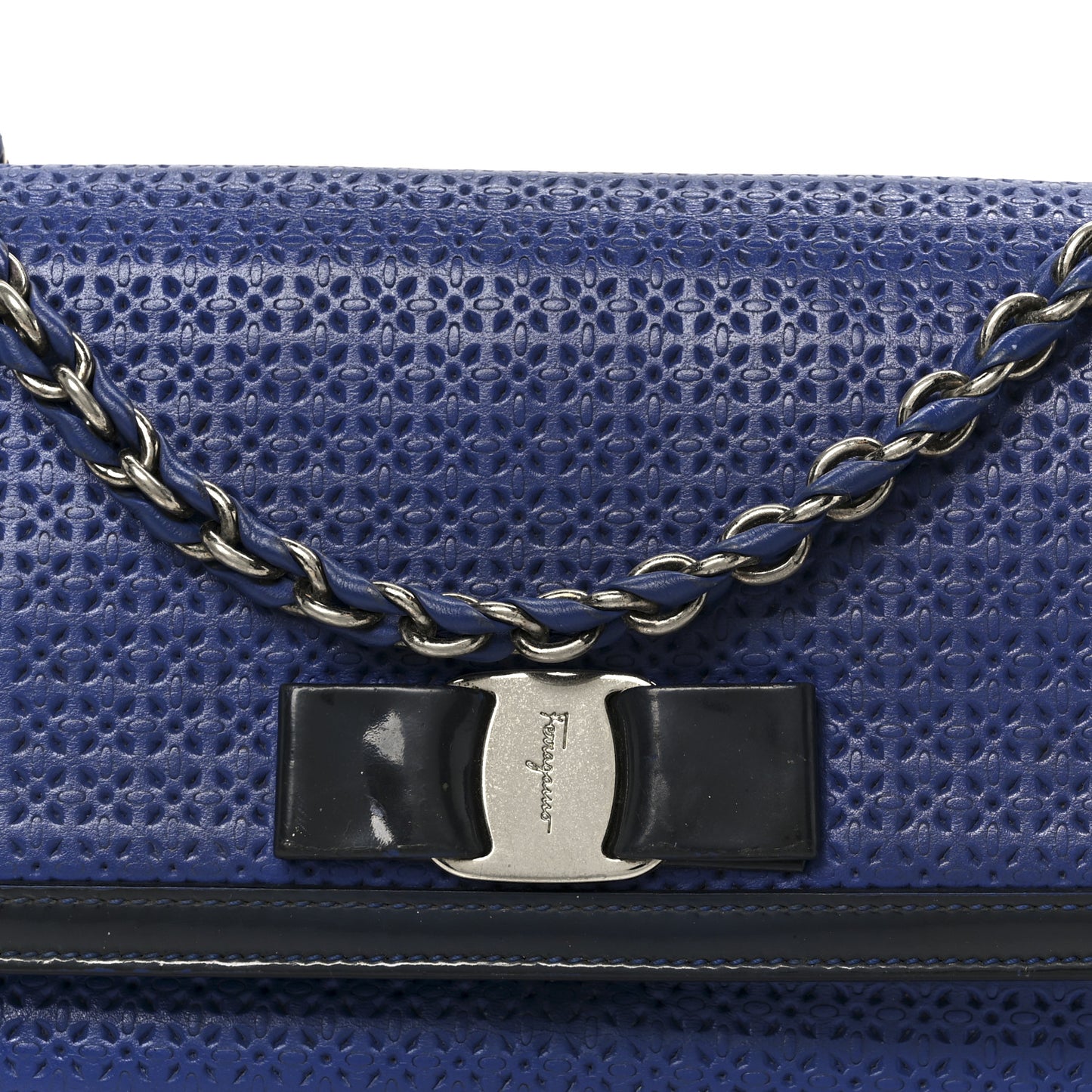 Perforated Calfskin Patent Ginny Bow Crossbody Bag Blue