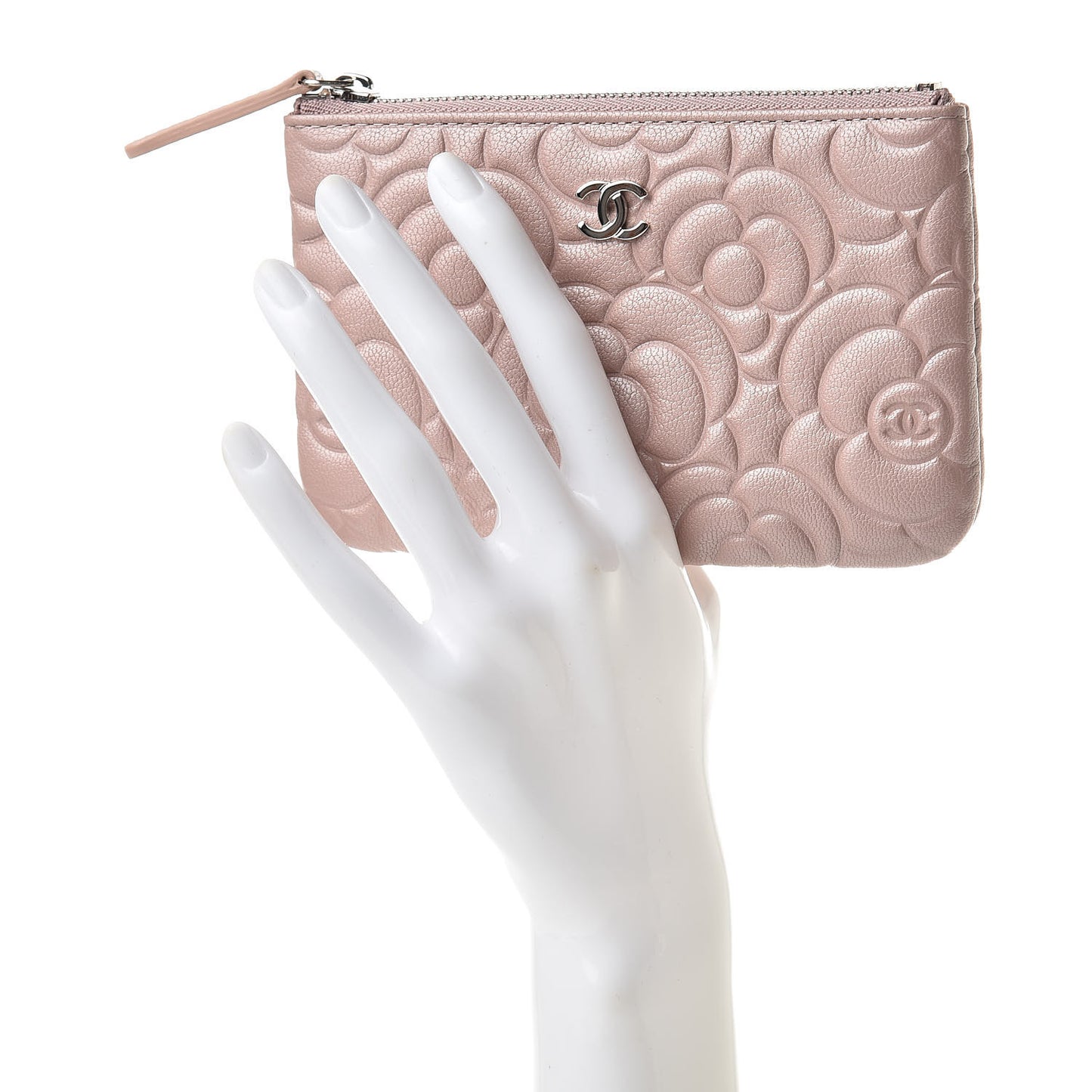 Goatskin Camellia Embossed Cosmetic Pouch Light Pink
