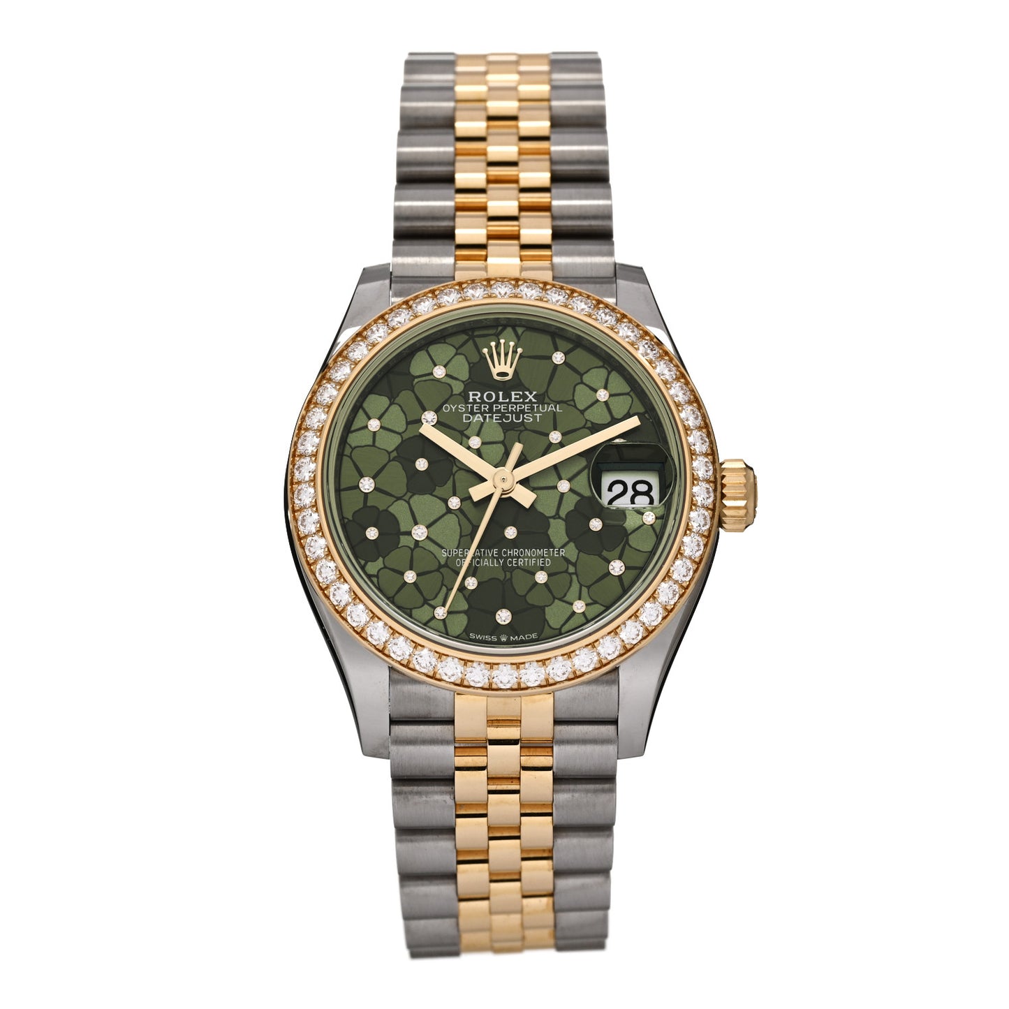 Stainless Steel 18K Yellow Gold Diamond Bezel 31mm Oyster Perpetual Datejust Watch Green Floral 278383RBR