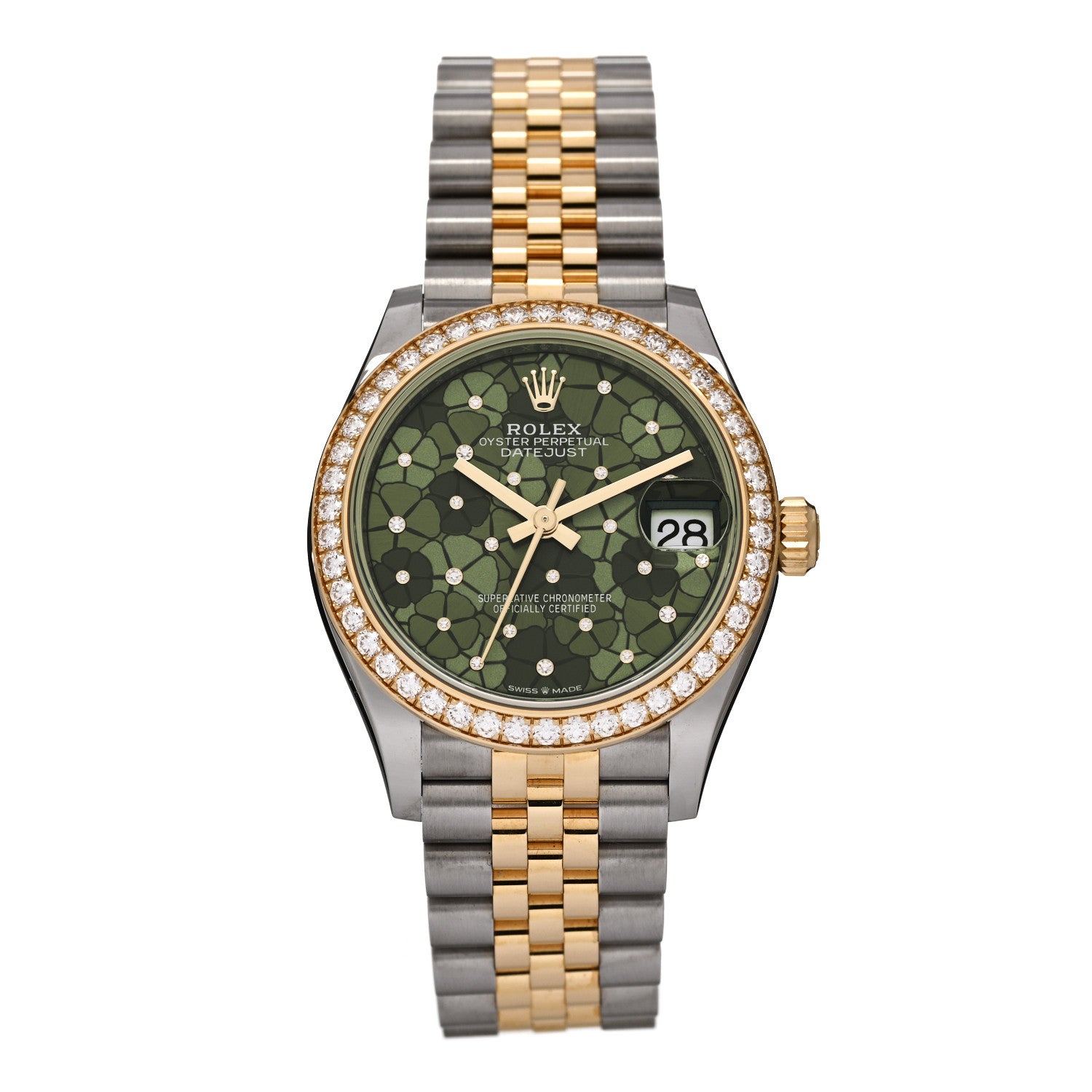 Rolex Stainless Steel 18K Yellow Gold Diamond Bezel 31mm Oyster Perpetual Datejust Watch Green Floral 278383RBR 1 of 5
