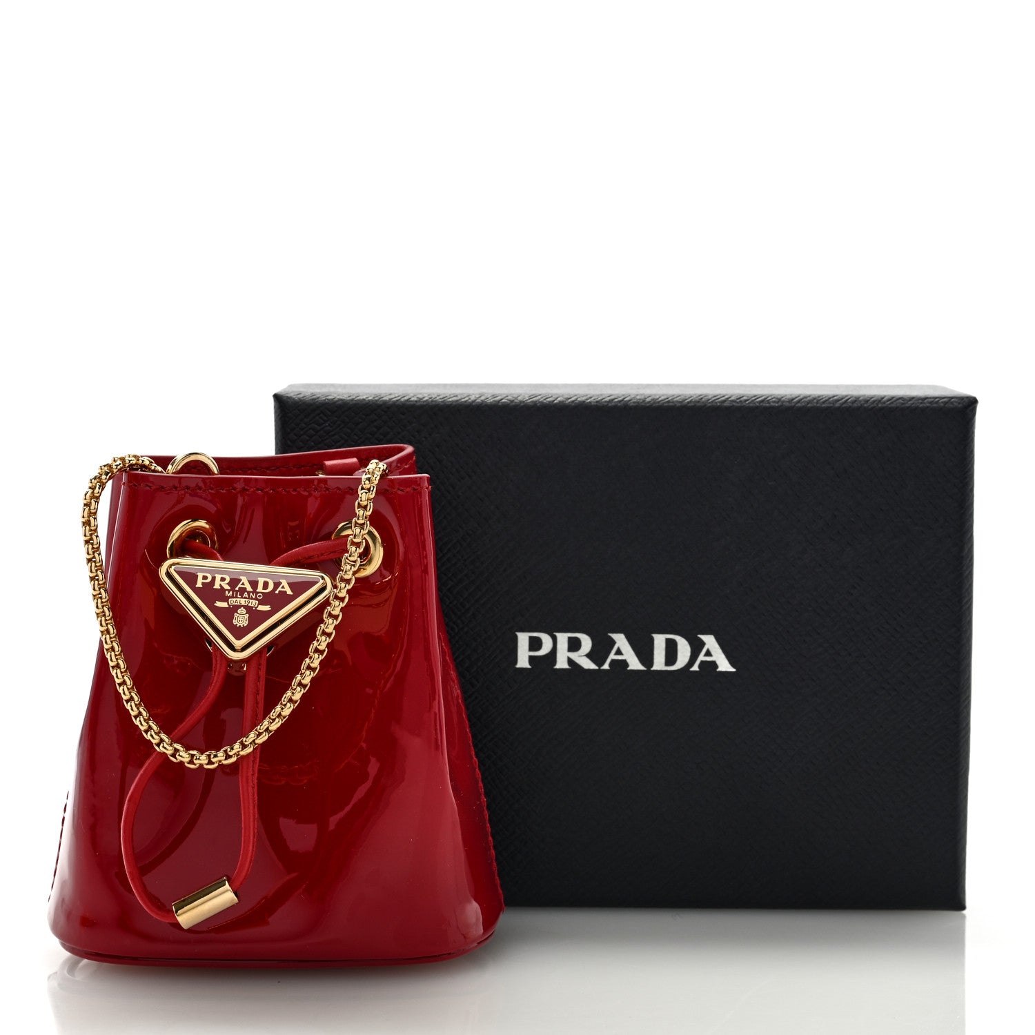 Prada Vernice Metal Triangle Logo Mini Drawcord Pouch Shoulder Bag Cherry 10 of 10