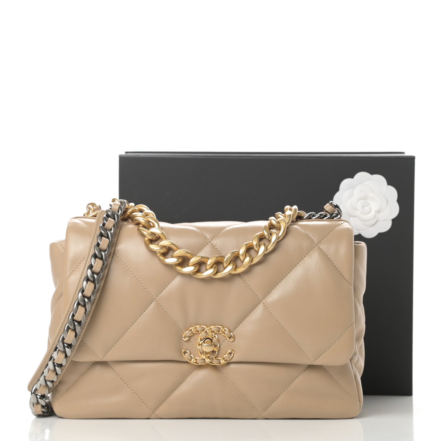 Lambskin Quilted Large Chanel 19 Flap Dark Beige