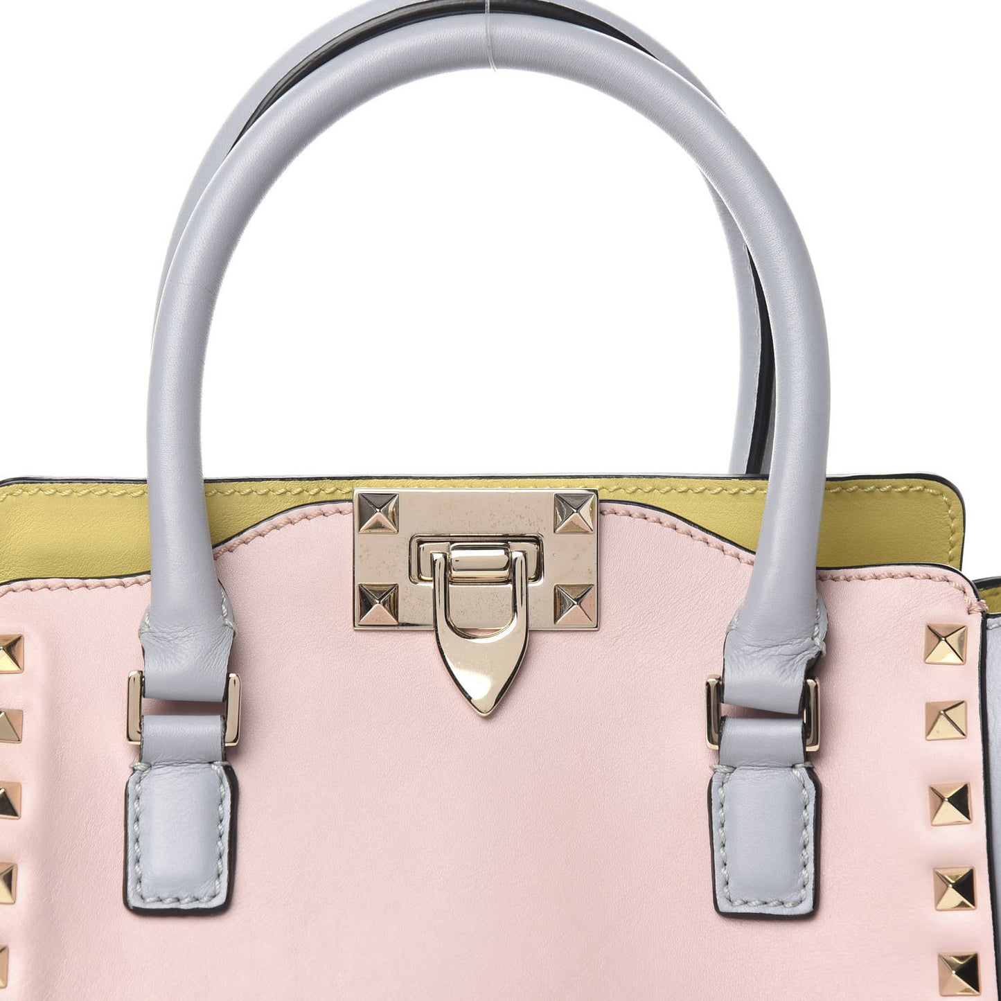 Vitello Watercolor Mini Rockstud Double Handle Tote Rose Green Yellow Sky