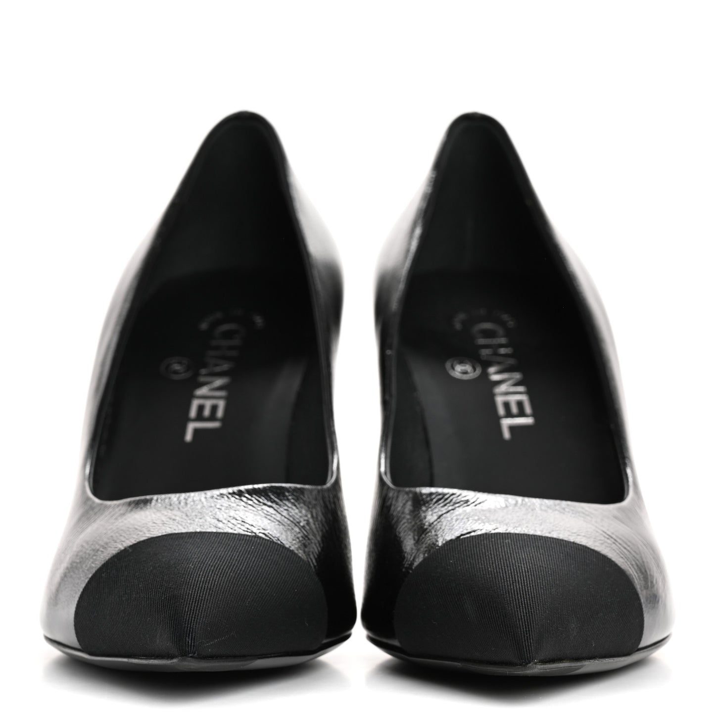 Shiny Calfskin Grosgrain Cap Toe CC Pearl Pumps 38.5 Black