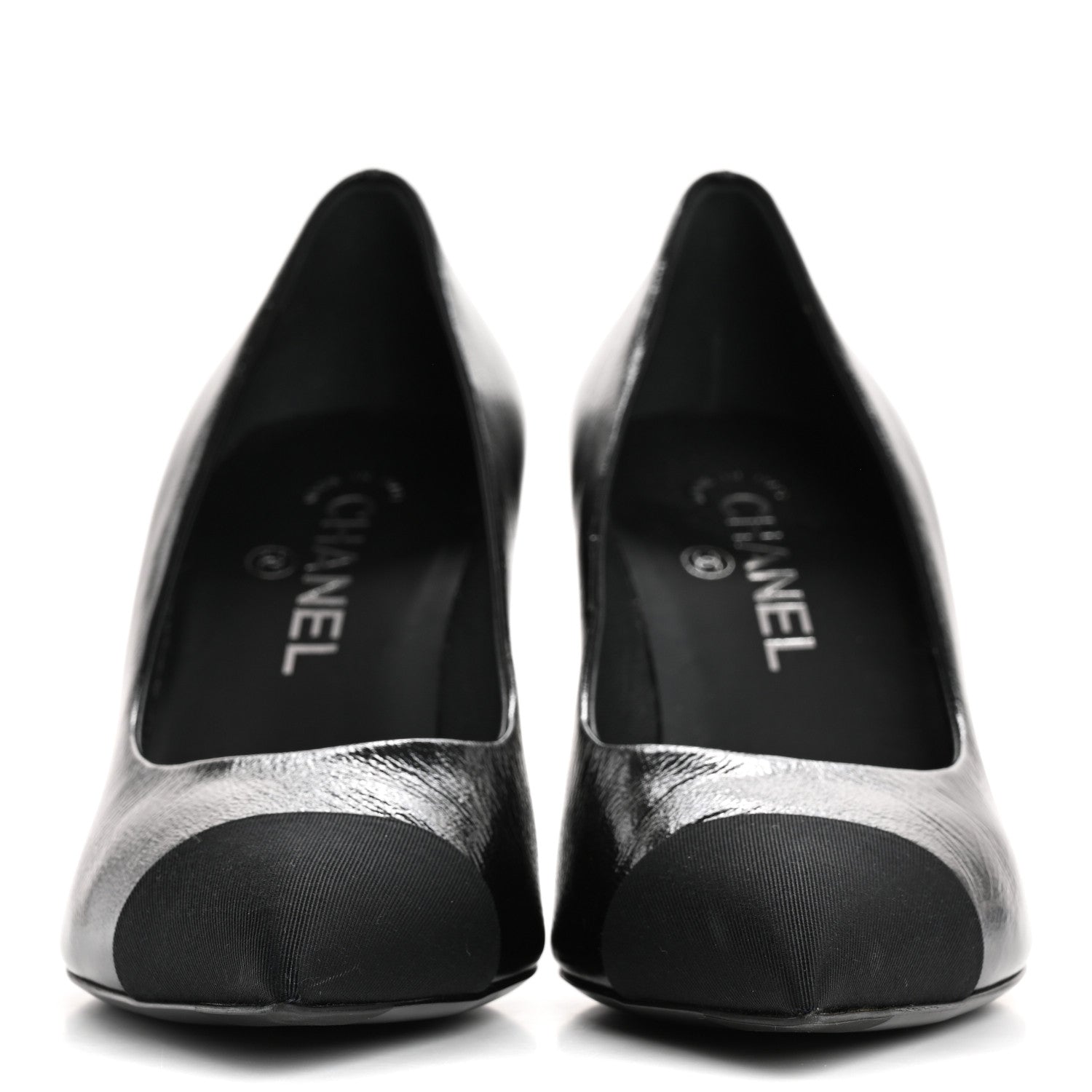 Chanel Shiny Calfskin Grosgrain Cap Toe CC Pearl Pumps 38.5 Black 3 of 10
