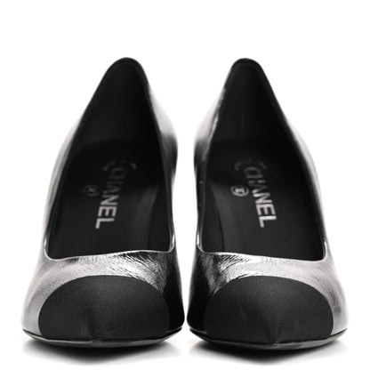 Chanel Shiny Calfskin Grosgrain Cap Toe CC Pearl Pumps 38.5 Black 3 of 10