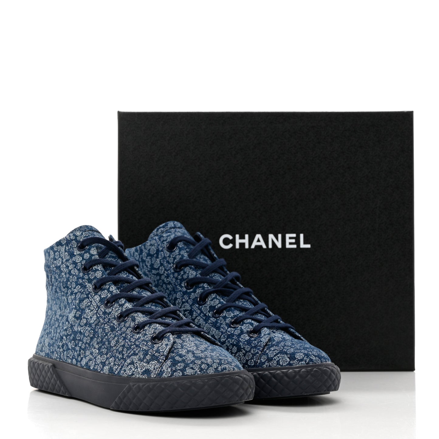 Printed Denim Quilted High Top Sneakers 39.5 Dark Blue
