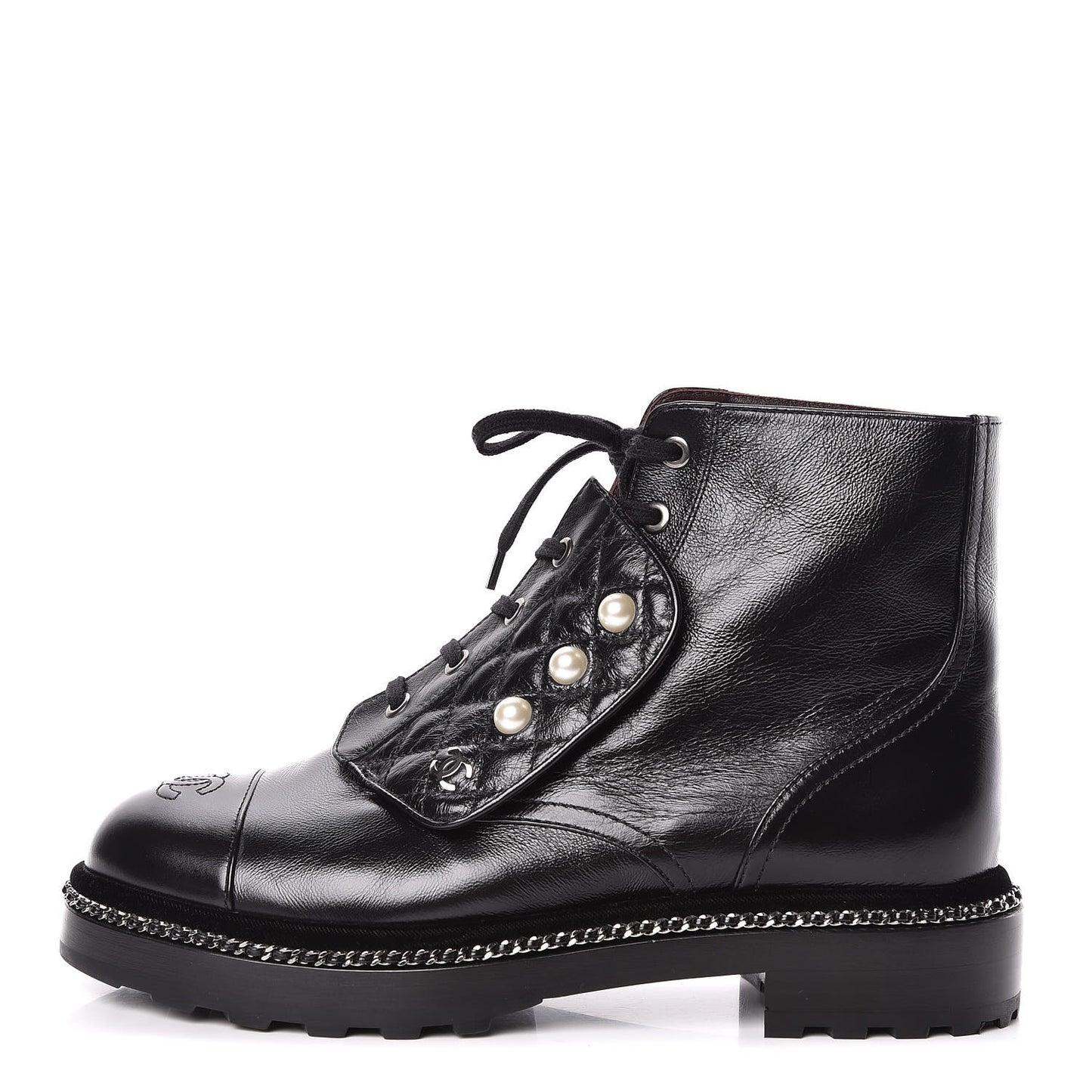Crackled Calfskin Velvet Pearl Combat Short Boots 40 Black