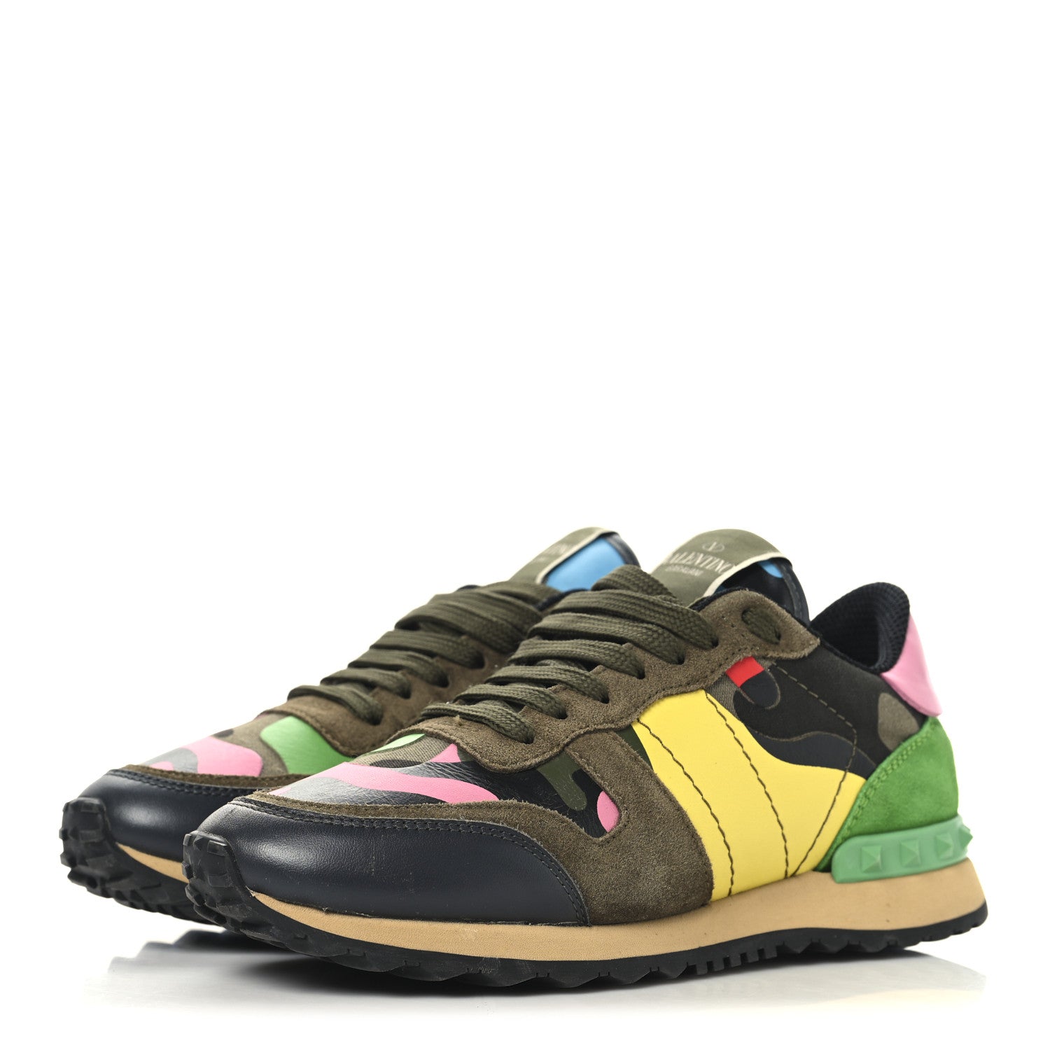 Valentino Garavani Nappa Suede Camouflage Womens Rockrunner Sneakers  36.5 Army Green Naples Yellow Ninphea 4 of 11