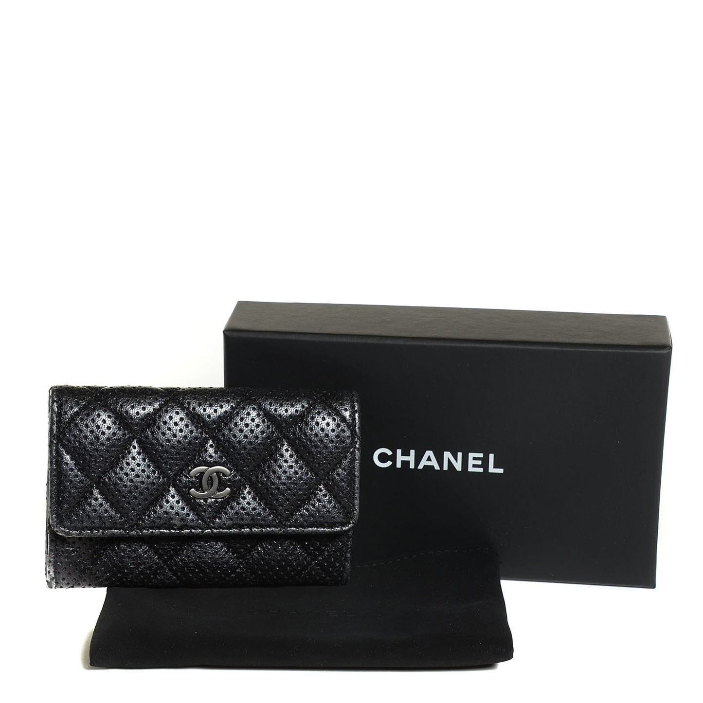 Lambskin Perforated Quilted Card Holder Black
