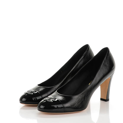 Chanel Crumpled Calfskin Patent Cap Toe CC Pumps 40 Black 3 of 8