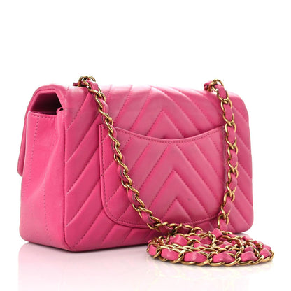 Chanel Lambskin Chevron Quilted Mini Rectangular Flap Dark Pink 3 of 19