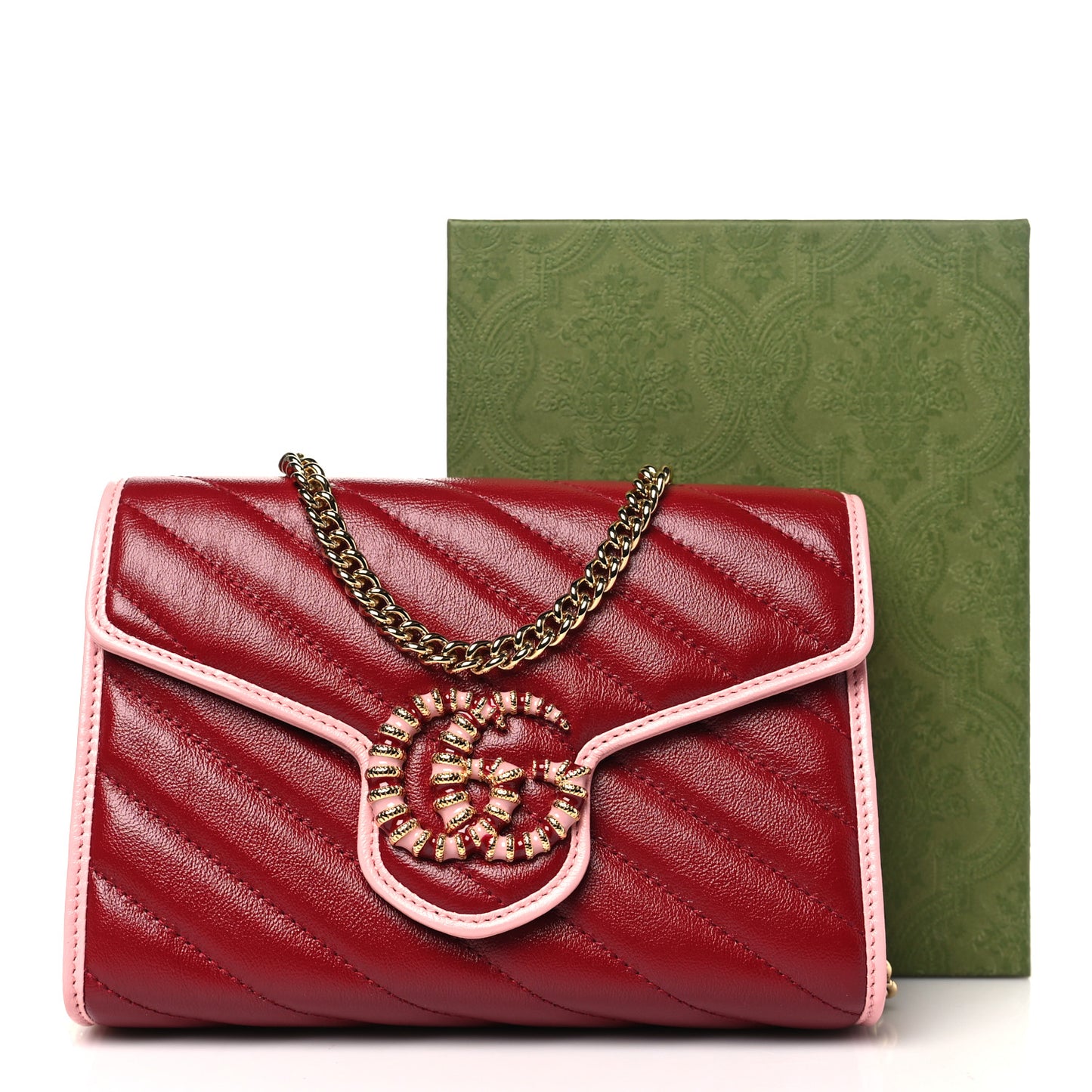 Azalea Calfskin Enamel Matelasse Diagonal Torchon GG Marmont Chain Wallet New Cherry Red Wild Rose