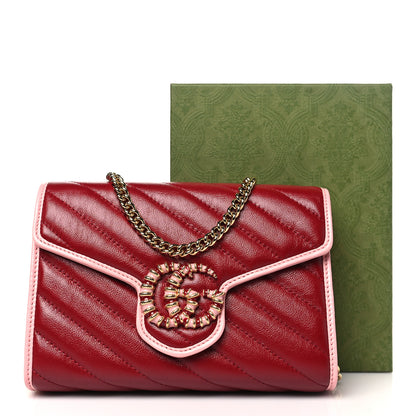 Gucci Azalea Calfskin Enamel Matelasse Diagonal Torchon GG Marmont Chain Wallet New Cherry Red Wild Rose 11 of 11