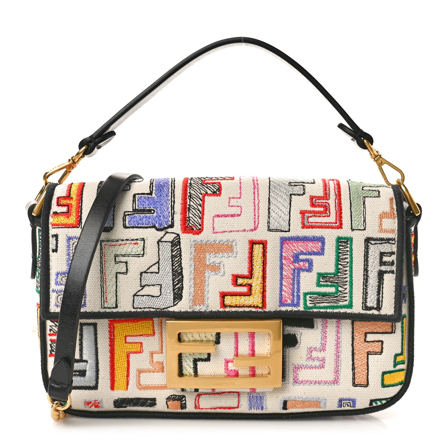 Canvas Vitello Seta FF Embroidered Chinese Valentines Day Mini Baguette Multicolor