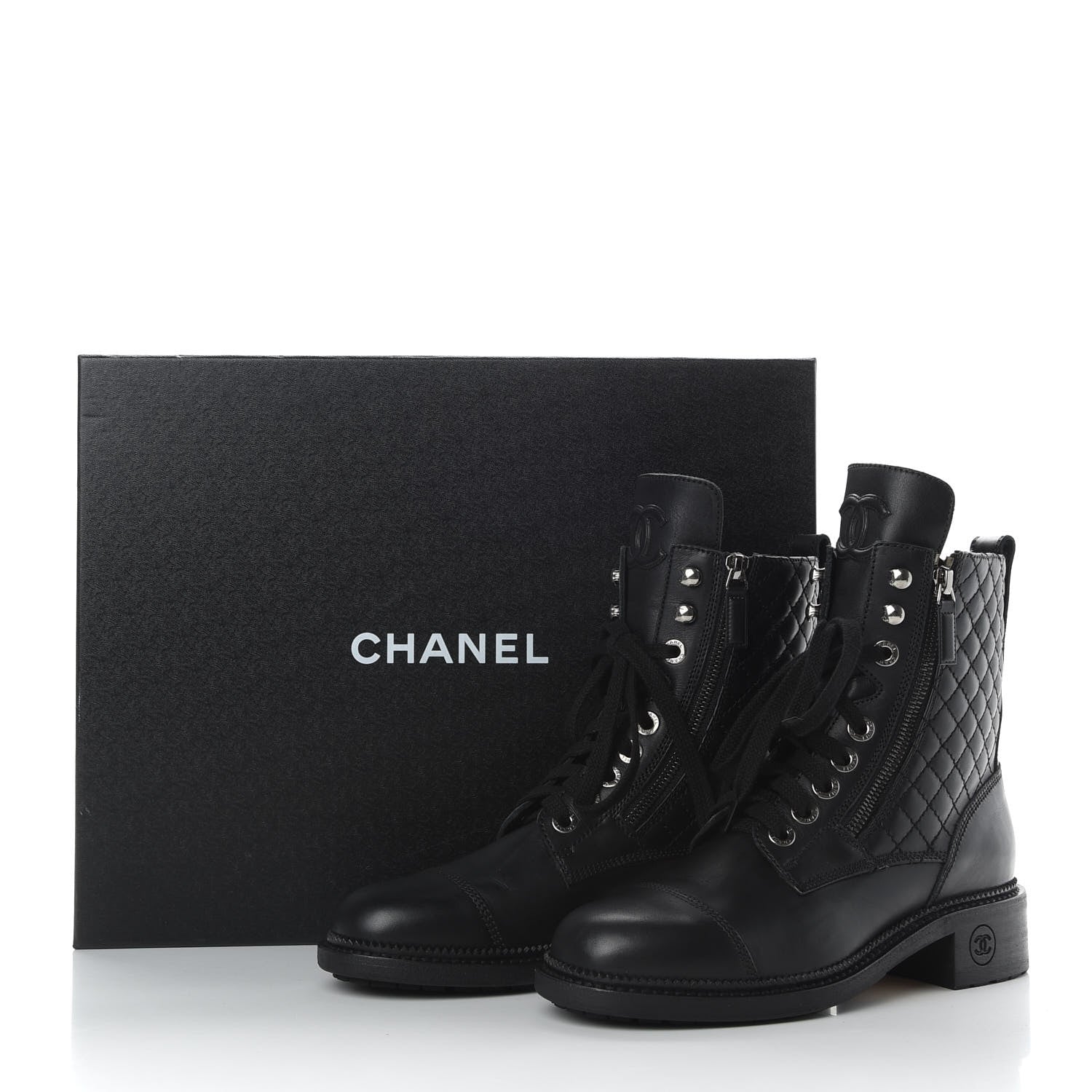 Chanel Calfskin Quilted Lace Up Combat Boots 38 Black 8 of 8