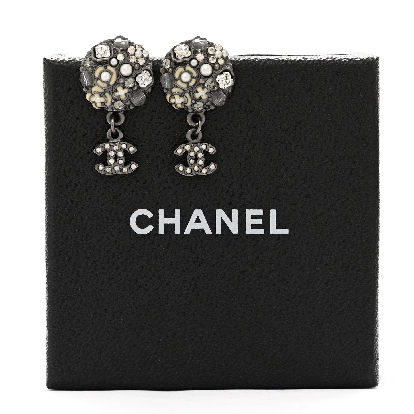 Pearl Crystal CC Camellia Cluster Drop Earrings Dark Silver