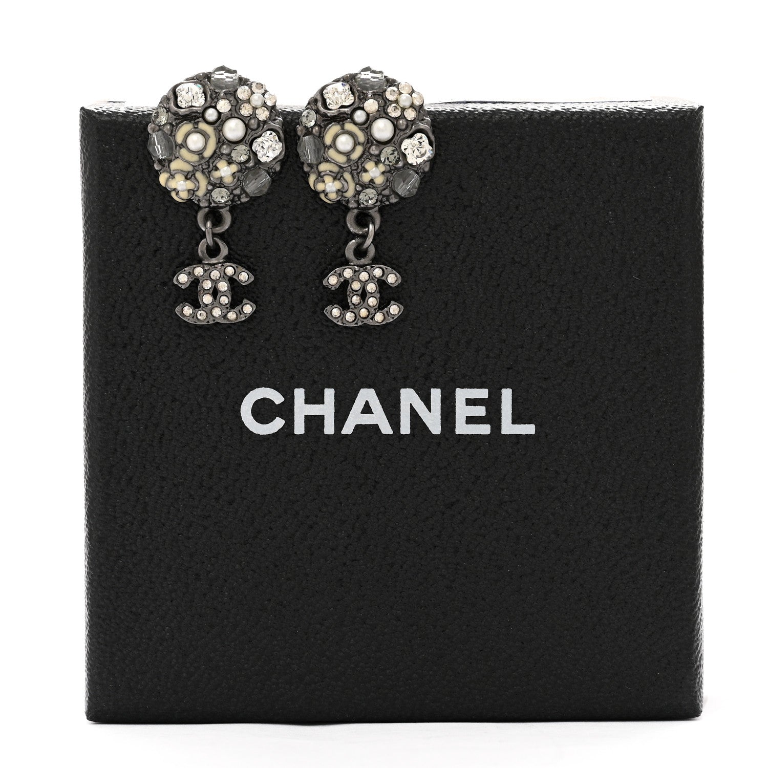 Chanel Pearl Crystal CC Camellia Cluster Drop Earrings Dark Silver 5 of 5