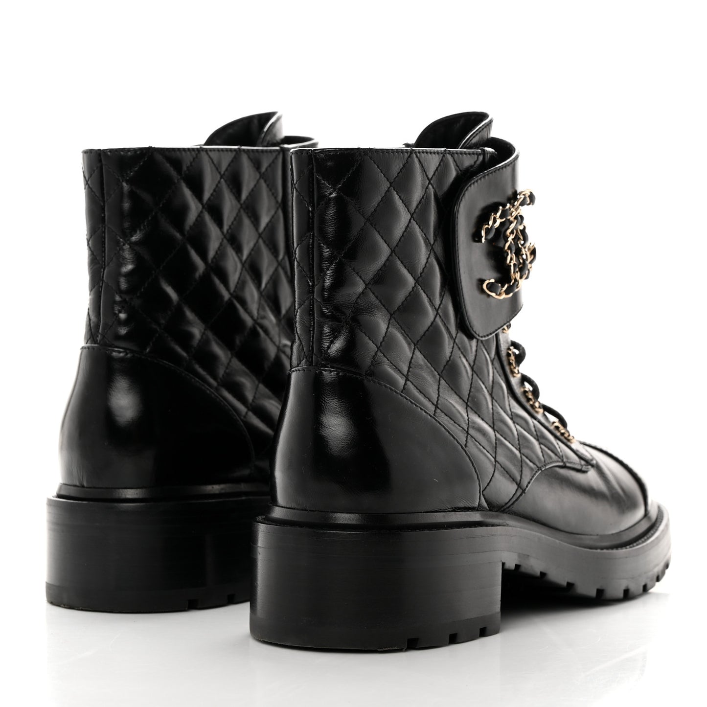 Shiny Calfskin Quilted Lace Up Combat Boots 41 Black