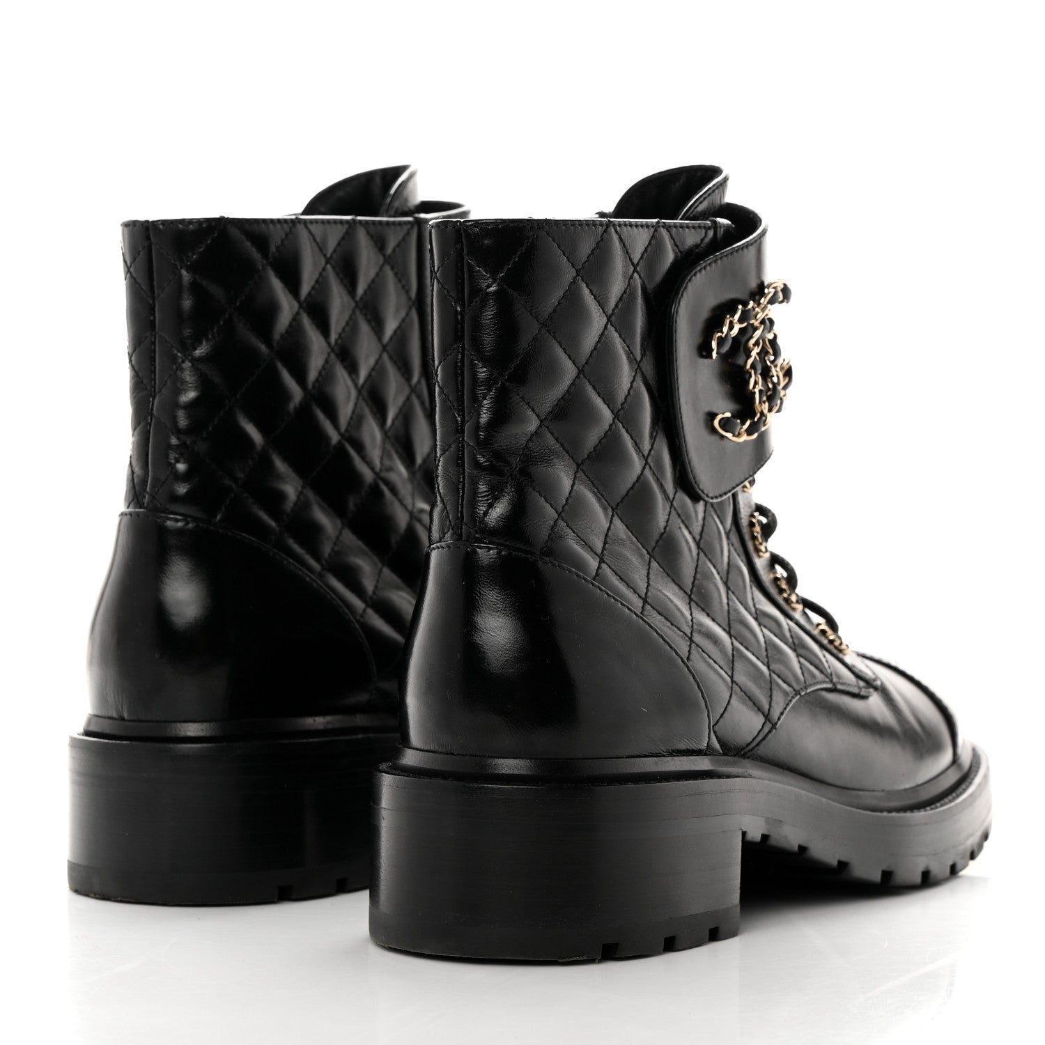 Chanel Shiny Calfskin Quilted Lace Up Combat Boots 41 Black 4 of 10