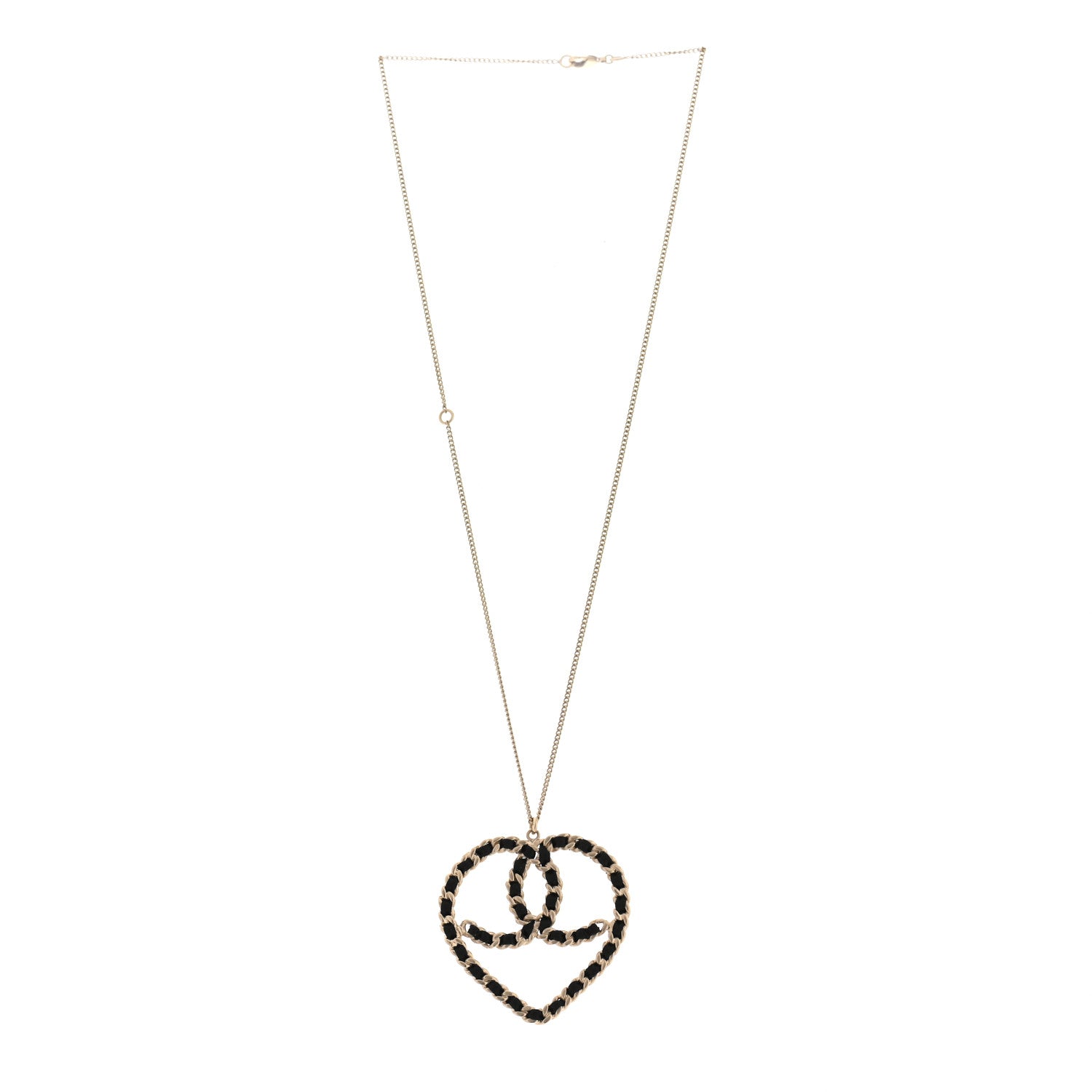 Chanel Satin CC Heart Chain Necklace Black Light Gold 3 of 5