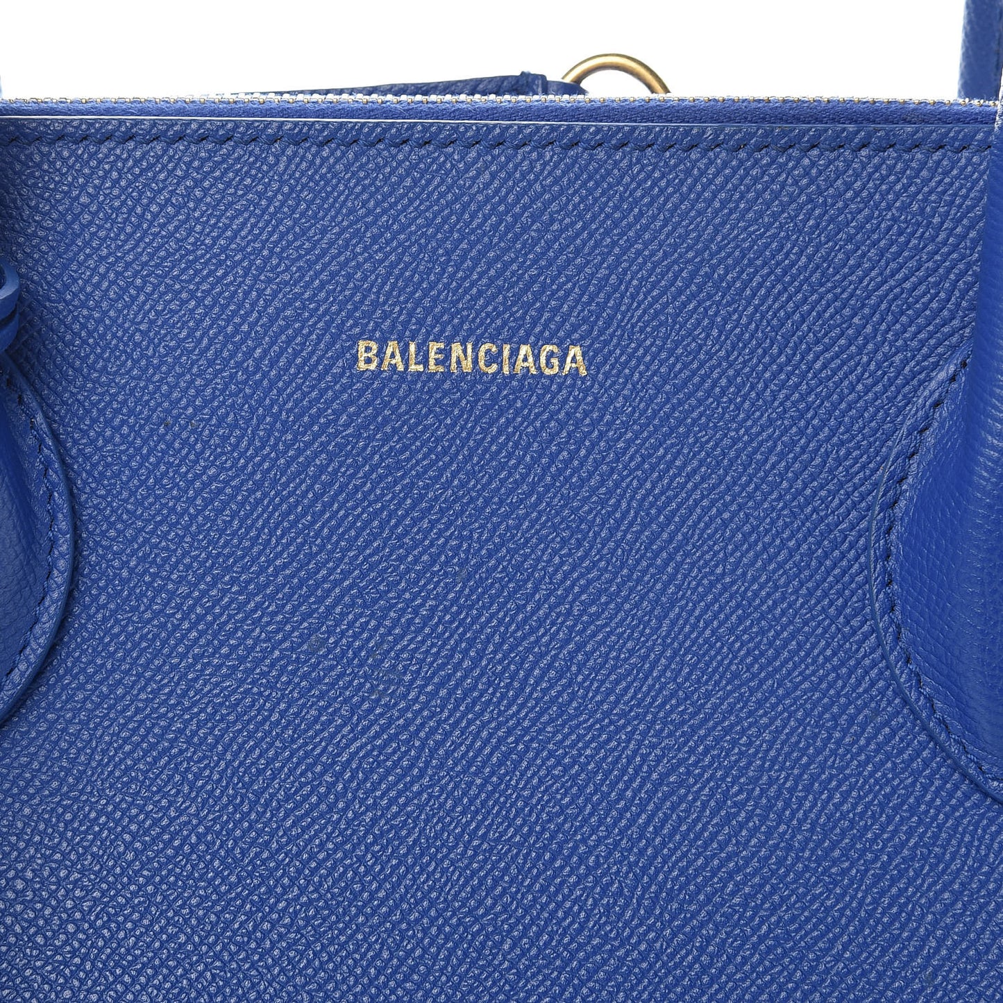 Signature Grained Calfskin Logo M Ville Top Handle Bag Bleu Roi White