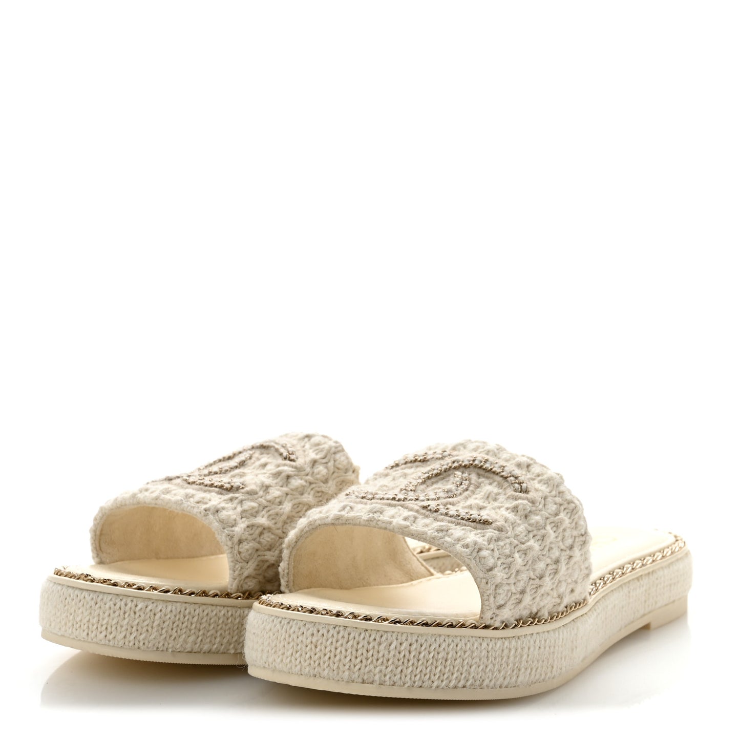 Wool Alpaca Chain CC Slide Sandals 38 Ivory