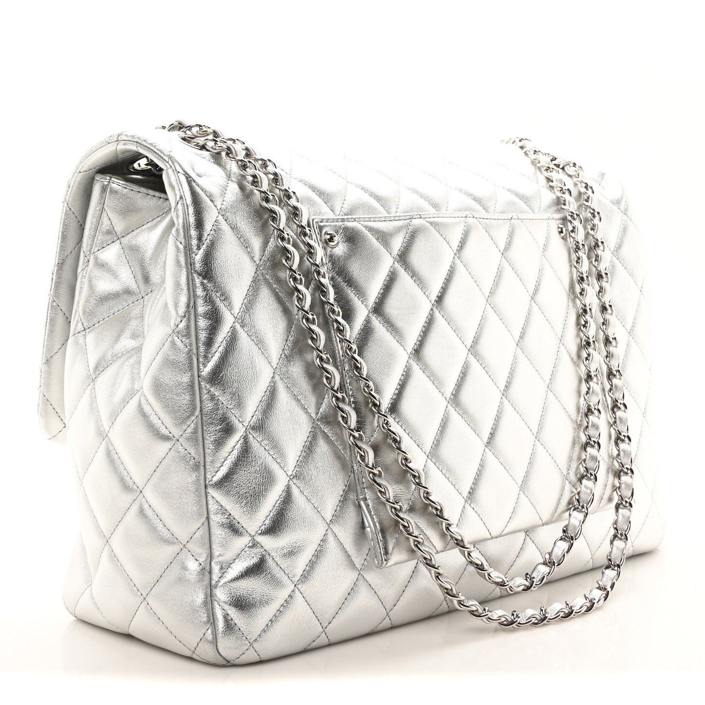 Metallic Lambskin Quilted XXL Travel Flap Bag Silver