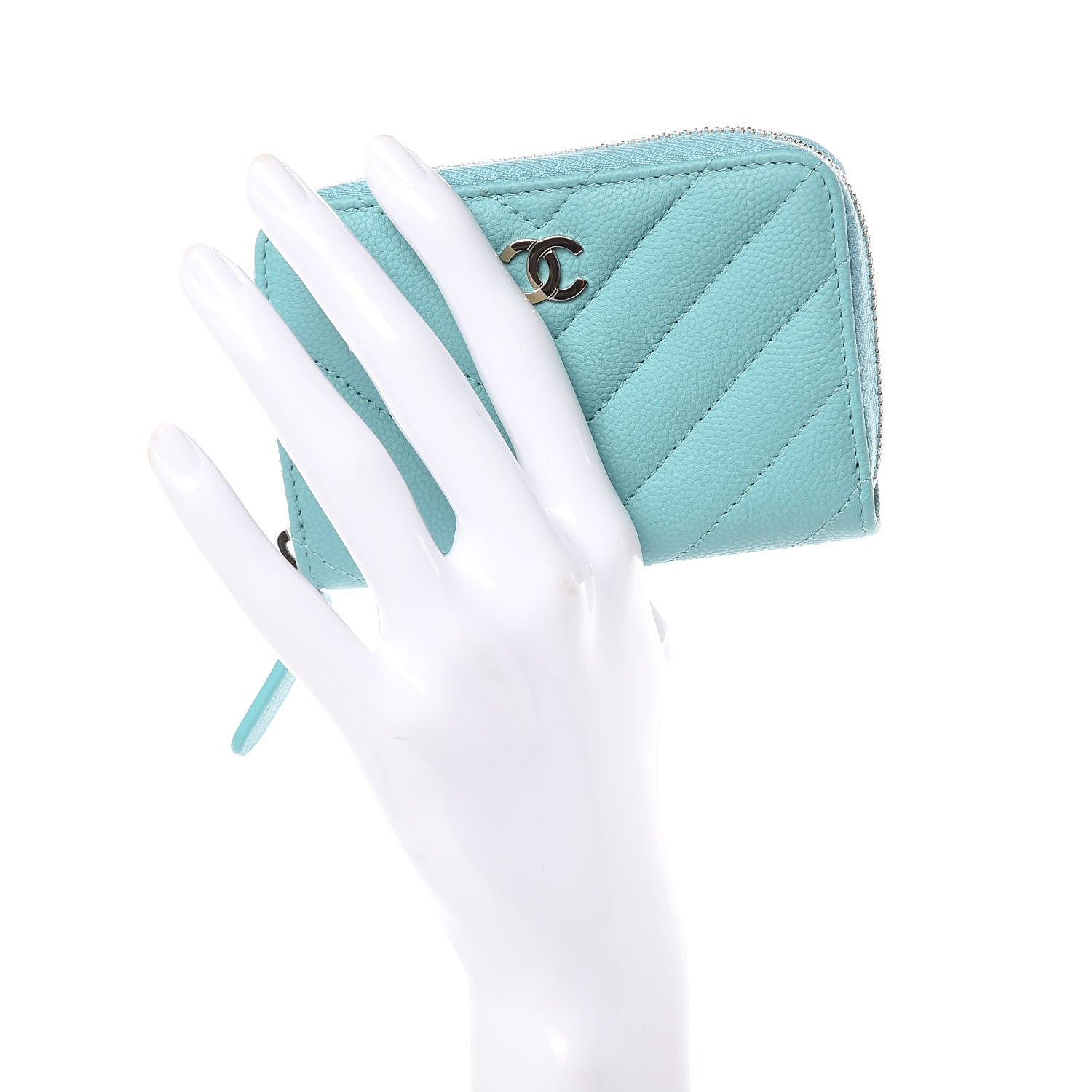 Chanel Caviar Chevron Quilted Zip Coin Purse Green 2 of 8