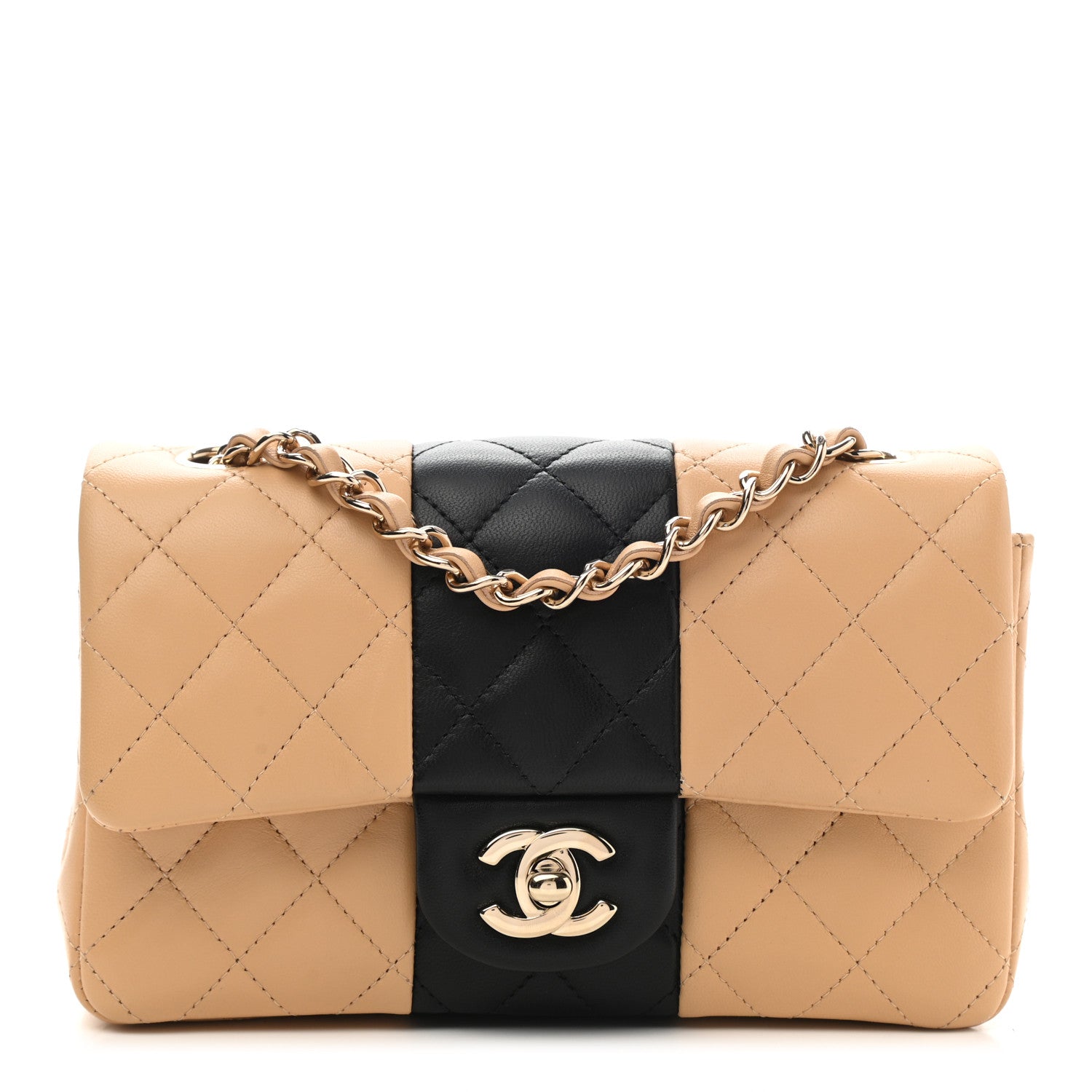 Chanel Lambskin Quilted Mini Rectangular Flap Beige Black 1 of 12