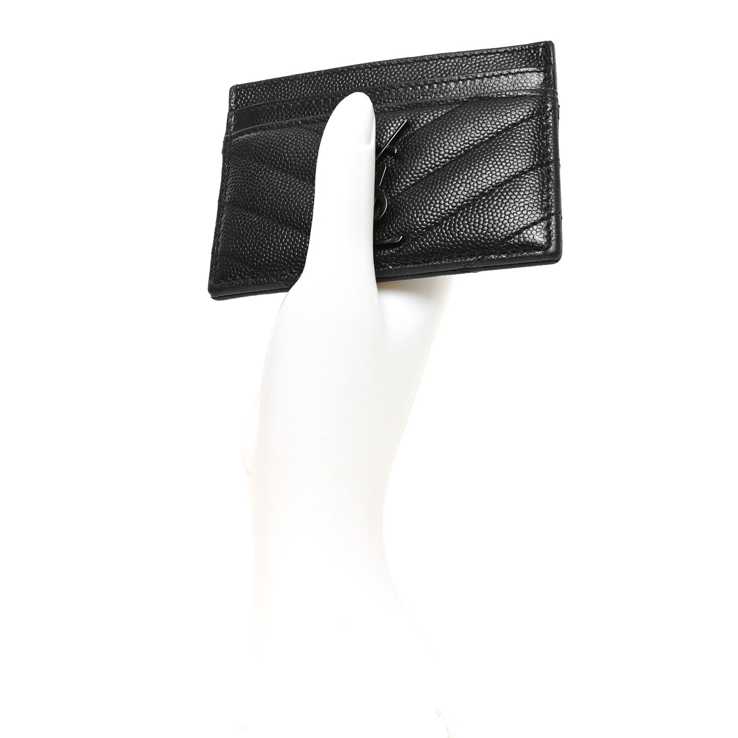 Saint Laurent Grain De Poudre Matelasse Chevron Monochrome Monogram Credit Card Case Black 2 of 8