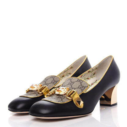 Gucci Malaga Kid Nappa GG Supreme Monogram Tiger Head Mid Heel Loafer Pumps 40.5 Black Oro Vecchio Beige 3 of 12