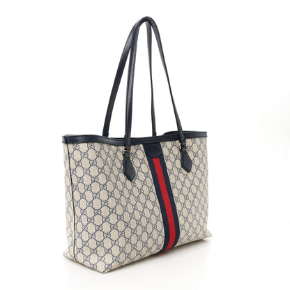 Gucci GG Supreme Monogram Textured Calfskin Web Medium Ophidia Shopping Tote Beige Blue 3 of 11