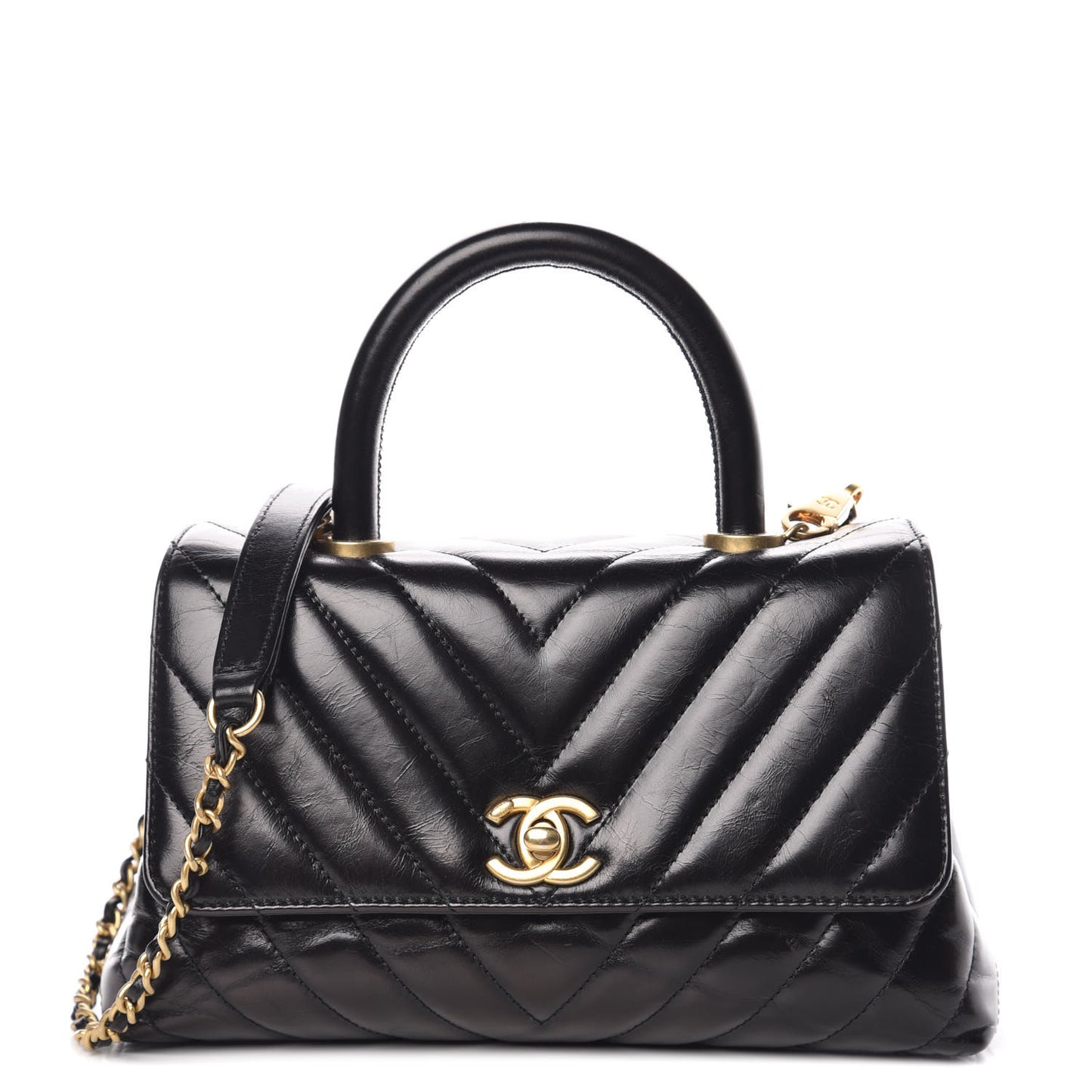 Calfskin Chevron Quilted Mini Coco Handle Flap Black