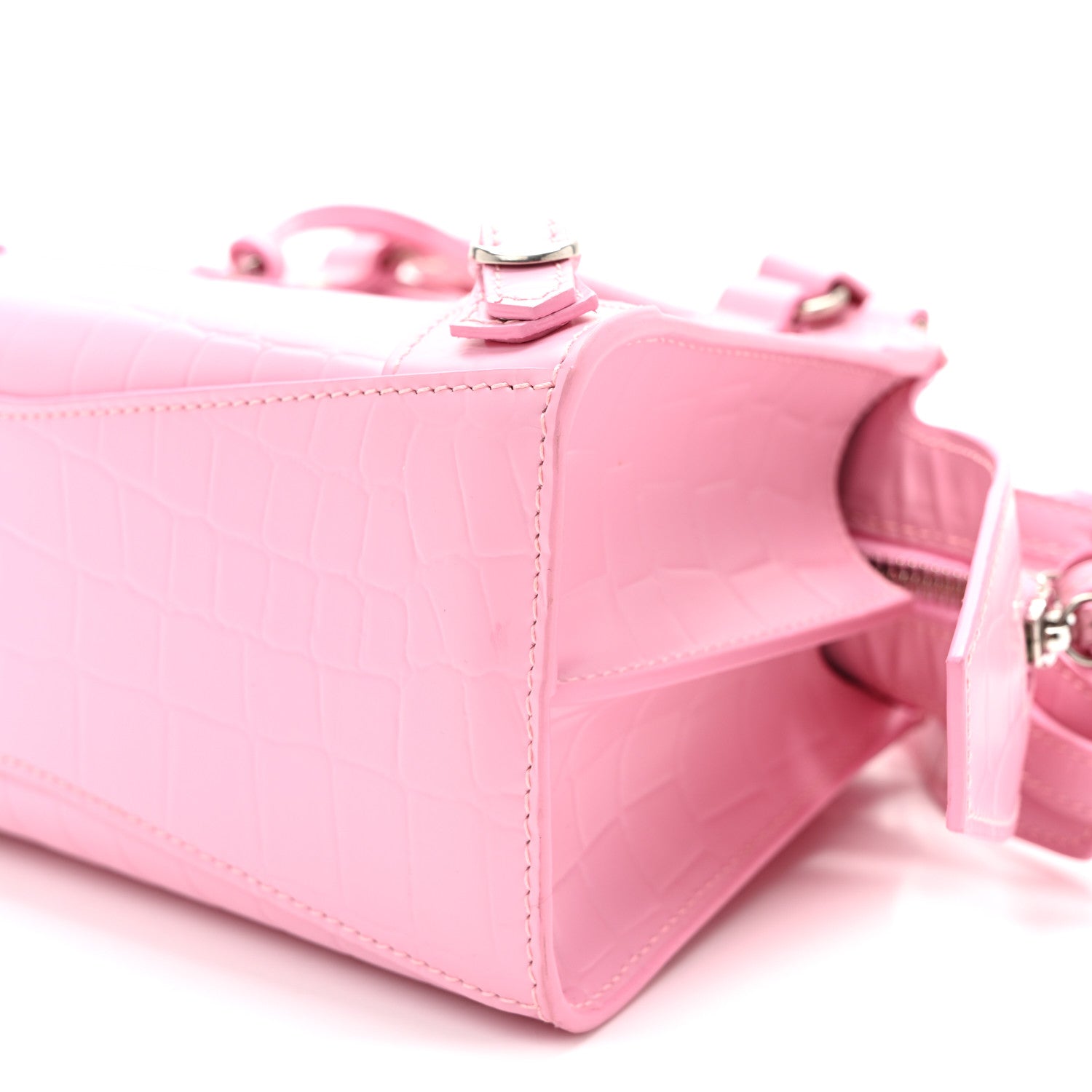 Balenciaga Semi Shiny Calfskin Crocodile Embossed Neo Classic Silver Hardware Mini City Pink 9 of 10