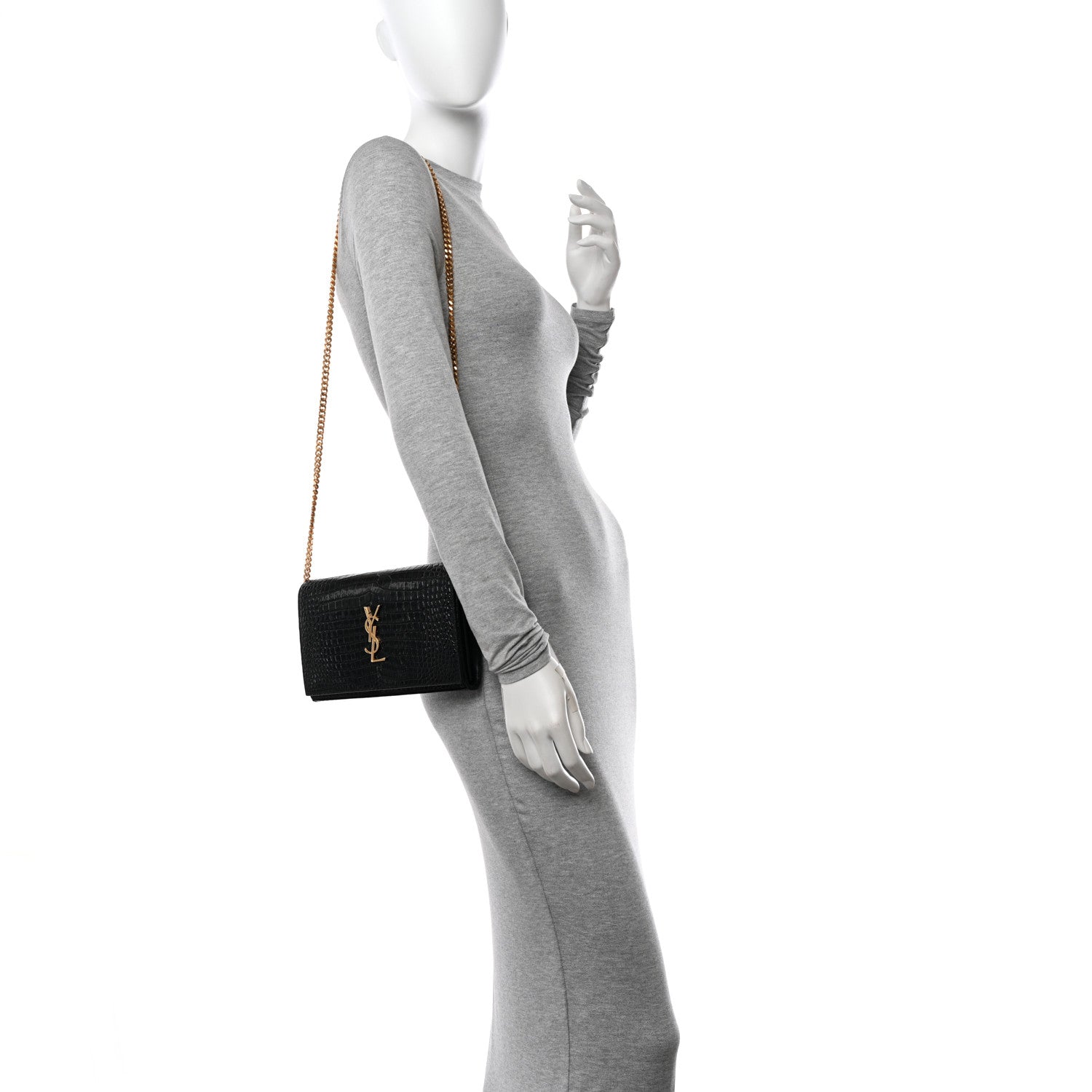 Saint Laurent Calfskin Crocodile Embossed Cassandre Wallet On Chain WOC Black 3 of 11