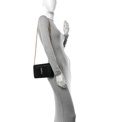 Saint Laurent Calfskin Crocodile Embossed Cassandre Wallet On Chain WOC Black 3 of 11