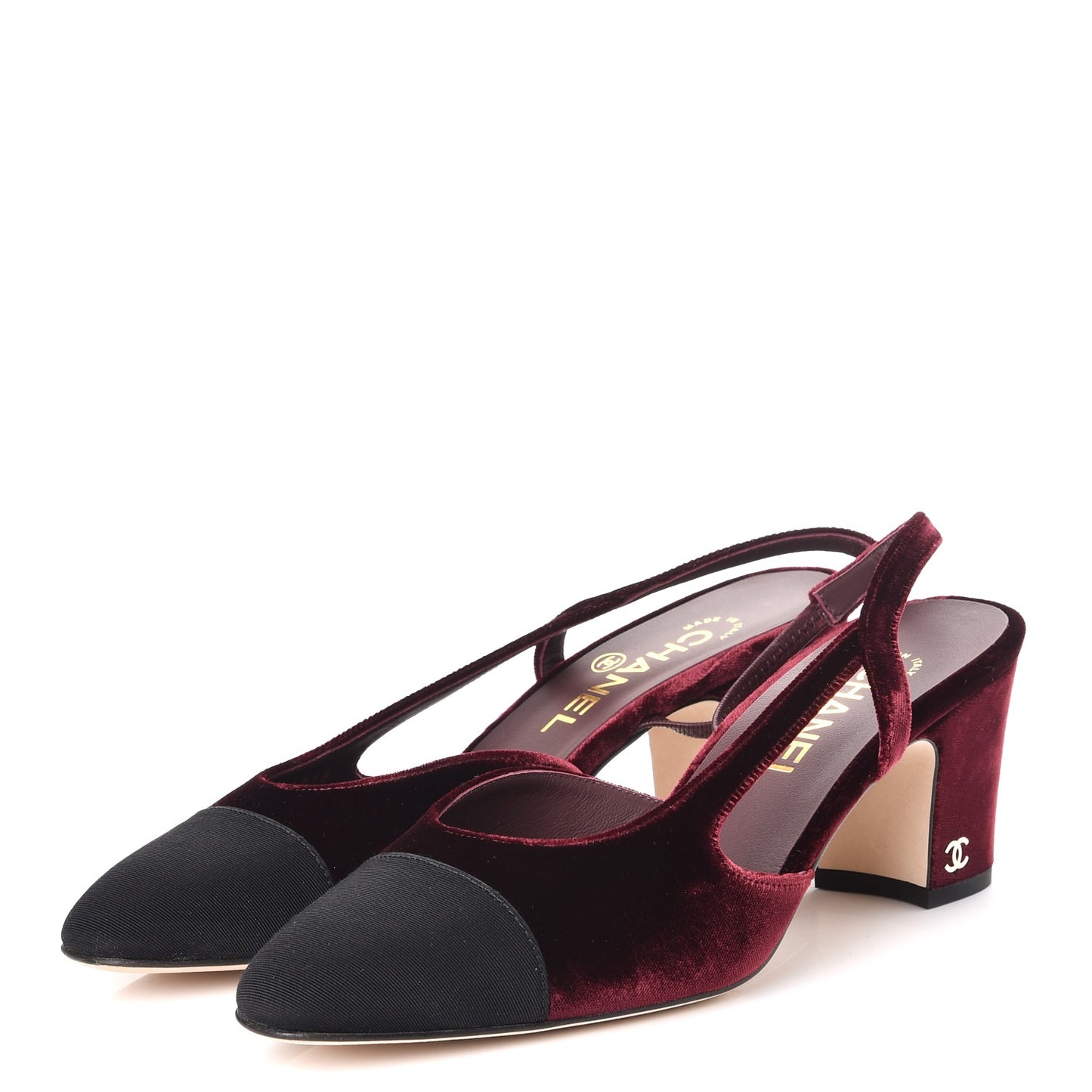 Velvet Grosgrain Cap Toe CC Slingback Pumps 38.5 Burgundy Black
