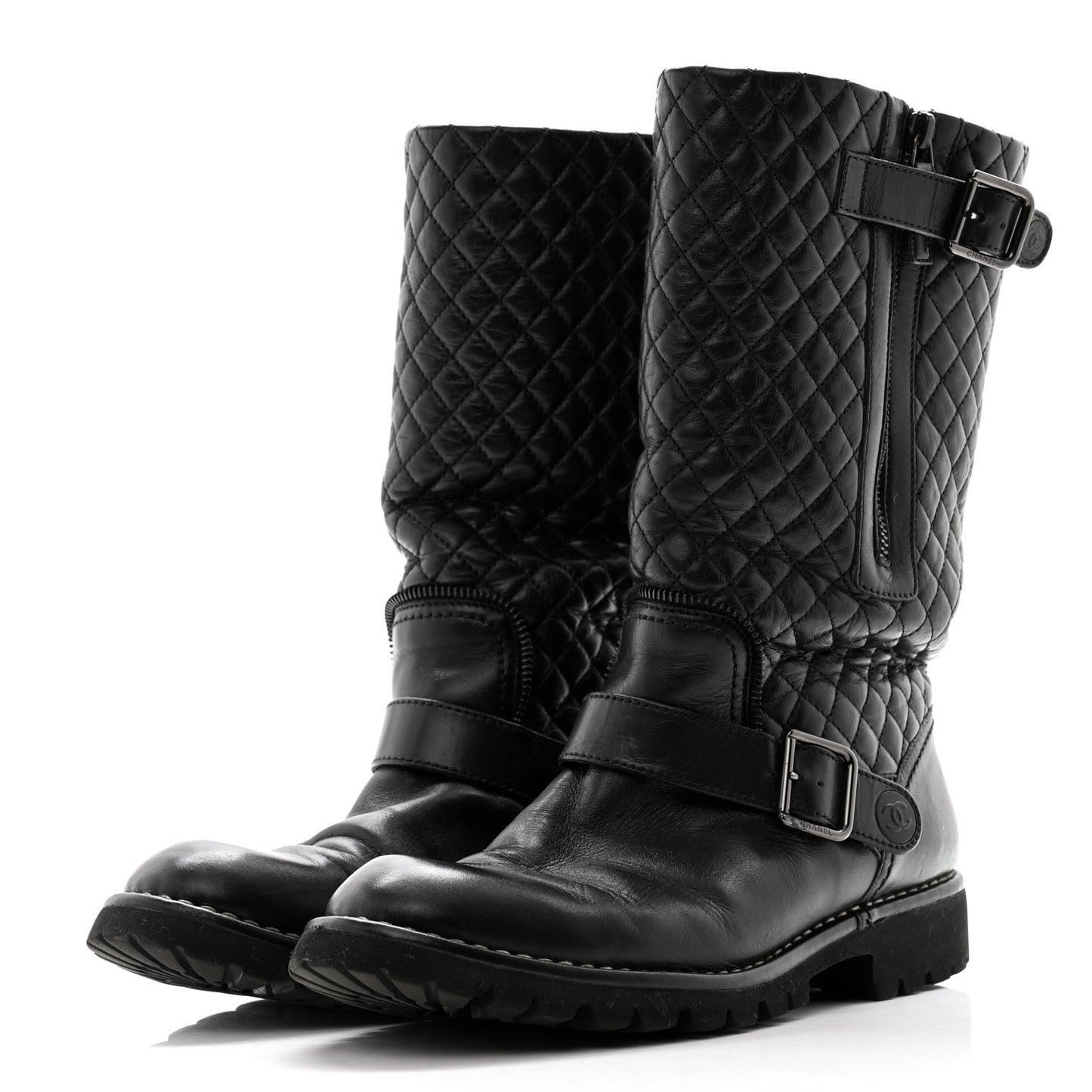 Calfskin Quilted Biker Boots 40 Black