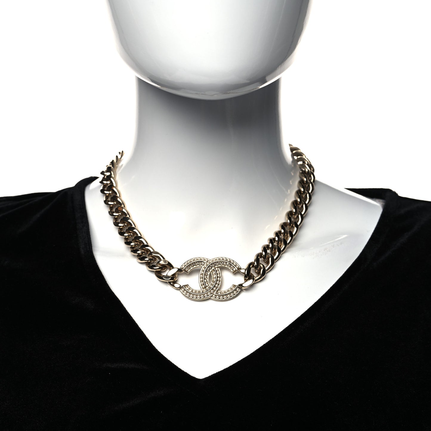 Crystal Pearl CC Chain Link Choker Necklace Gold