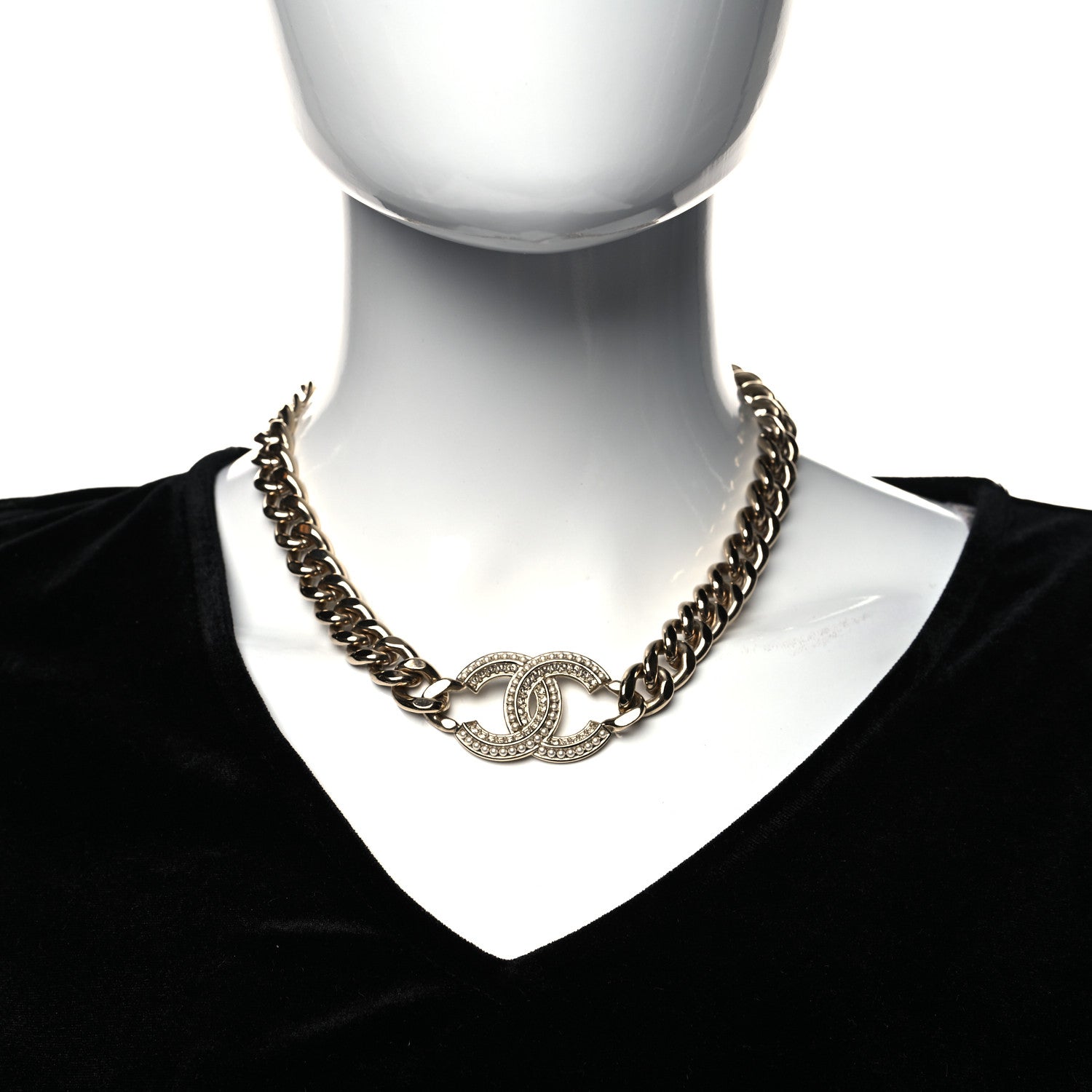 Chanel Crystal Pearl CC Chain Link Choker Necklace Gold 2 of 5