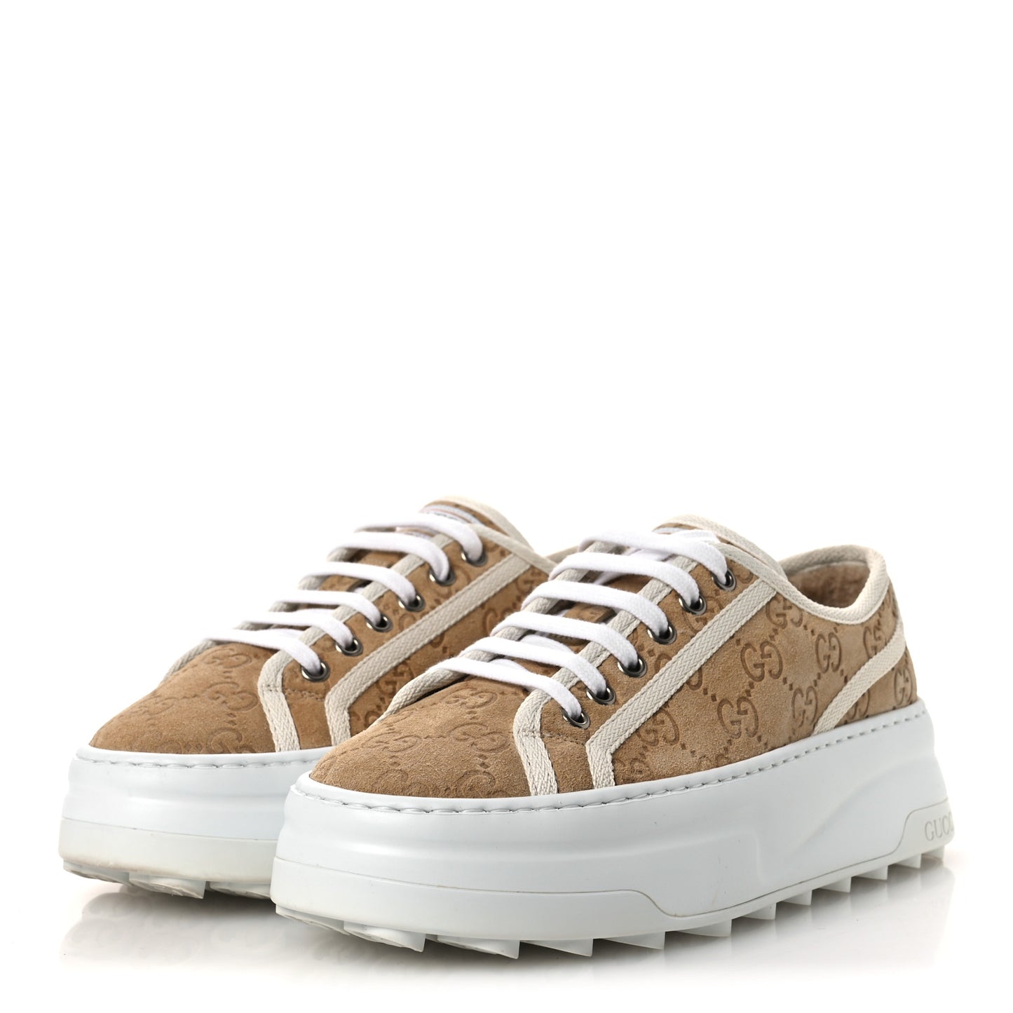 Suede Shearling Web GG Monogram Embossed Womens 1977 Tennis High Top Sneakers 36 Butterscotch Mystic White
