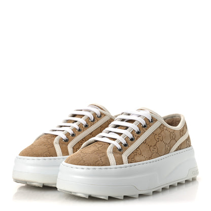 Gucci Suede Shearling Web GG Monogram Embossed Womens 1977 Tennis High Top Sneakers 36 Butterscotch Mystic White 4 of 11