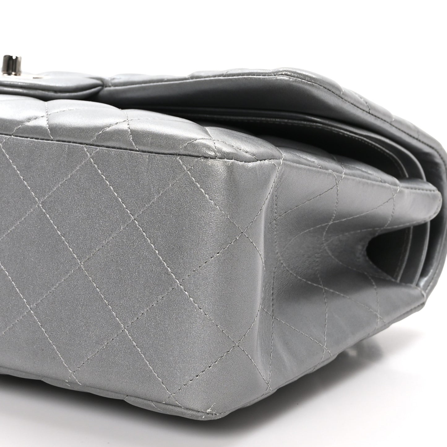 Metallic Lambskin Quilted Jumbo Double Flap Silver