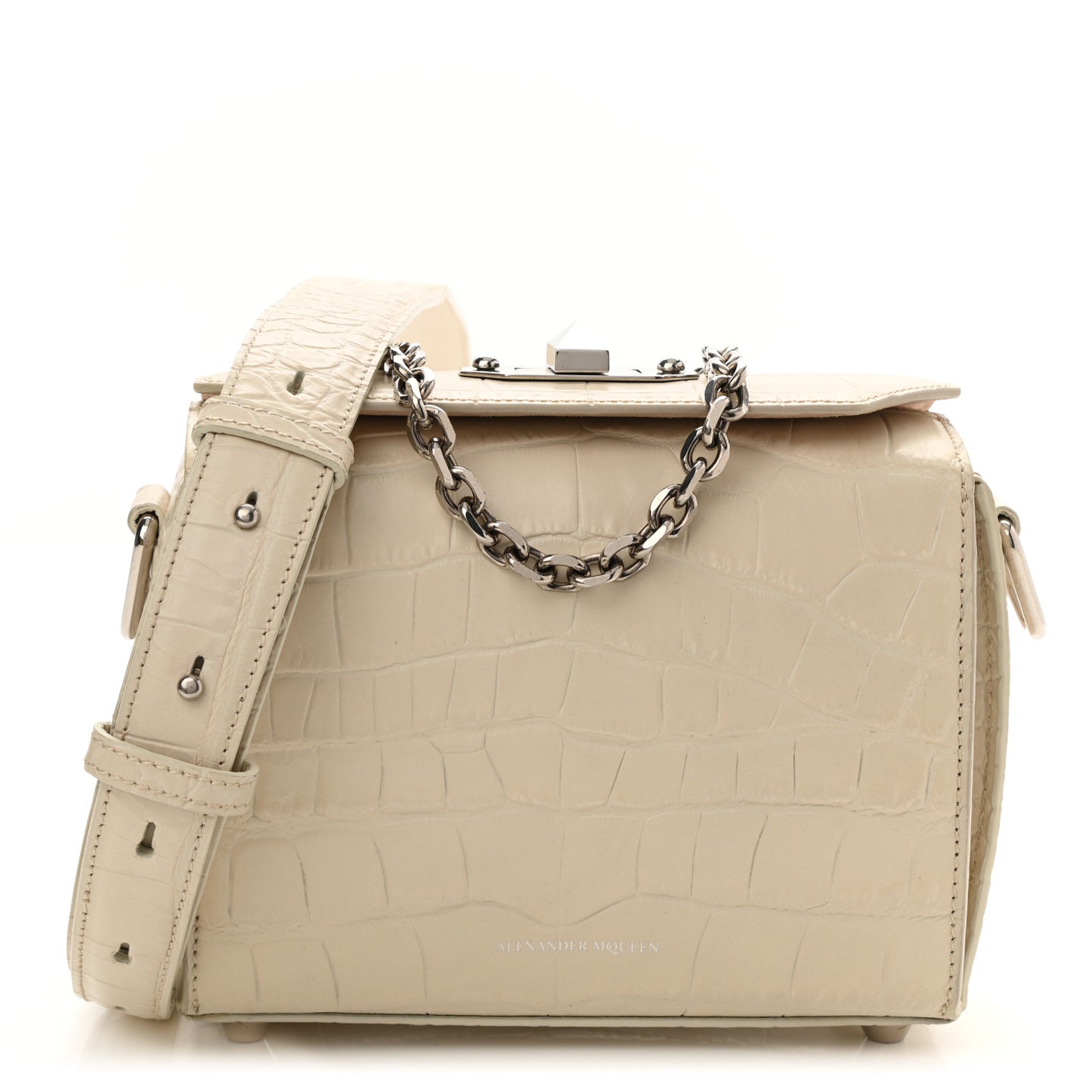 Calfskin Crocodile Embossed Box Shoulder Bag 19 Cream