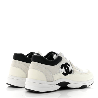 Chanel Mesh Suede Calfskin Grained Calfskin Womens CC Sneakers 38.5 White Black 4 of 7