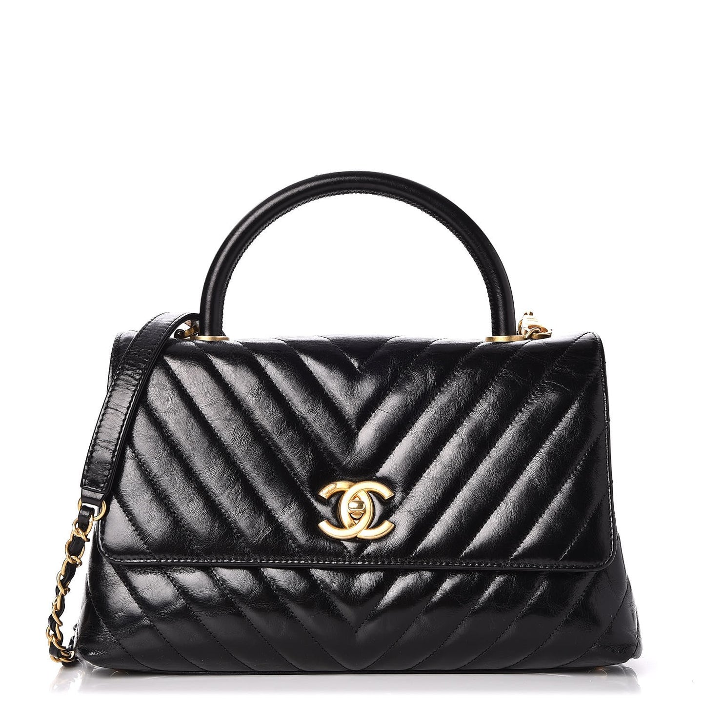 Calfskin Chevron Quilted Small Coco Handle Flap Black